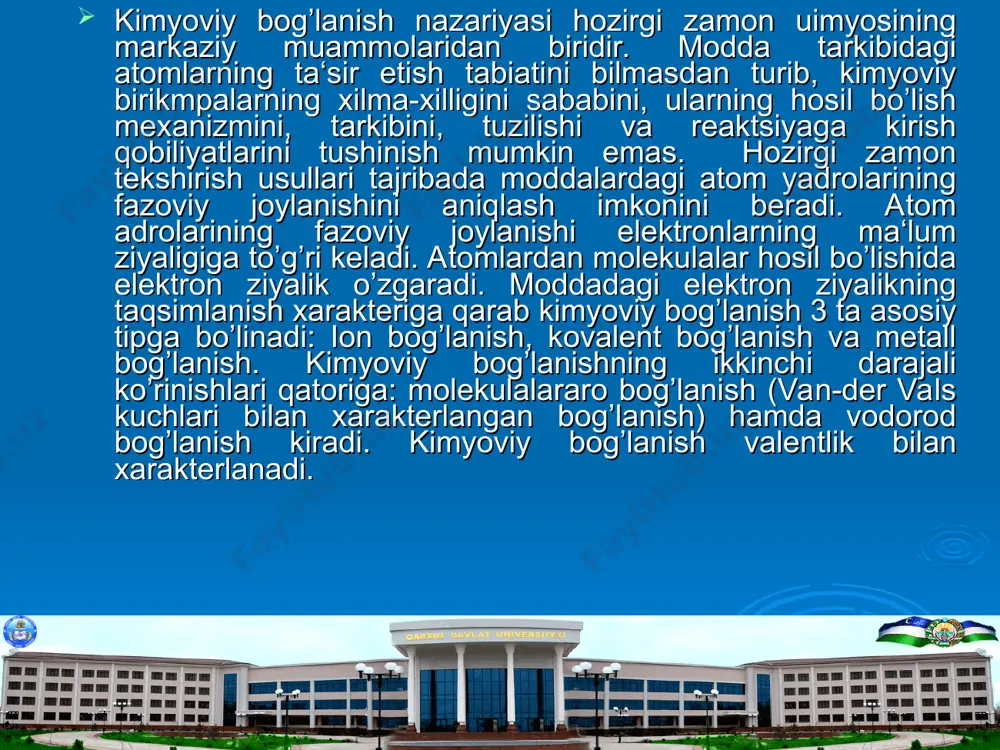 trik 2 valentli hisoblanadi, kislorodli birikmalar tarkibiga asosan boshqa element valentligini topish mumkin. suvdagi vodorod atomiga formal ravishda boshqa elementlarni almashtirib oksidlarni olish mumkin. masalan: h2o va na2o yoki h2o va cao formulalarini solishtirish natijasida natriyning bir, kaltsiyning esa 2 vlentli ekanligiga xulosa qilish mumkin. shunday qilib, elementning valentlik stexiometriyasi biror elementning bitta atomi bilan birikkan va almashgan vodorod atomlari soni bilan aniqlanadi. ko’pchilik elementlar bir qancha stexiometrik valentlikni nayon qiladilar, ya‘ni boshqa biror element atomlari bilan har xil stexiometrik tarkibli bir qancha birikmalar hosil qiladi. bunday birikmalarni nomlash uchun element nomlariga qavs ichida rim raqamlari bilan (+ yoki - siz) valentliklar yoki stexiometrik tarkibi ko’rsatiladi. masalan: cu2o-mis (i) oksidi, cuo-mis (ii) oksidi, so2-oltingugurt (iv) oksid, so3-oltingugurt (vi) oksid va x.k. kimyoviy element ikki elementli birikmalarda elementlarning valentliklari bilan yoyilishgan prinuipi asosida osonlik bilan oddiy arifmetik usulda ikkinchi element valentligini topish mumkin. vodorodni bir valentligini bilgan holda quyidagi birikmalarda boshqa …