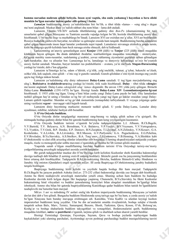zu-havasga yetolmaslik – uqubat. dunyo tuzilishining asosiy qonuni bir-biriga bog`liqlik. hech bir narsa ma’lum sababsiz yaralmaydi. lekin har bir hodisa yoki harakatning birlamchi sababini aniqlash mumkin emas. shuning uchun buddizm dunyoni shu holicha qabul qilishga chaqiradi. buddizm ta’limotiga ko’ra, har qanday narsa yoki hodisa u xoh moddiy, xoh ma’naviy bo’lsin, dharma (element)lardan tashkil topgan. ular, o’z xususiyatiga ko’ra, harakatsiz bo’lib, dharmalarni qo’zg`atuvchi kuch insonning xayol va so’zlaridir. ob’ektiv haqiqat bu doimiy ravishda o’zgarib turuvchi dharmalar oqimidir. harakatdagi dharmalar o’z mavjudligining besh shakli – tana, sezgi, his-tuyg`u, harakat, anglashni yaratadi. mazkur besh shakl insonni tashkil qiladi. inson ular yordamida yashaydi, borliq bilan aloqada bo’ladi, yaxshi yoki yomon ishlarni bajaradi. besh elementning o’zaro mavjudligi insonning o’limi bilan barham topadi. insonni tashkil qiluvchi besh shakl (skandx) o’z navbatida qayta tug`iladi. yangi tananing xususiyatlari asos bo’luvchi besh natijani beradi: faoliyat, gumrohlik, xohish, istak va norma. bu jarayon «hayot g`ildiragi»ni tashkil qiladi. «hayot g`ildiragi»da doimiy …