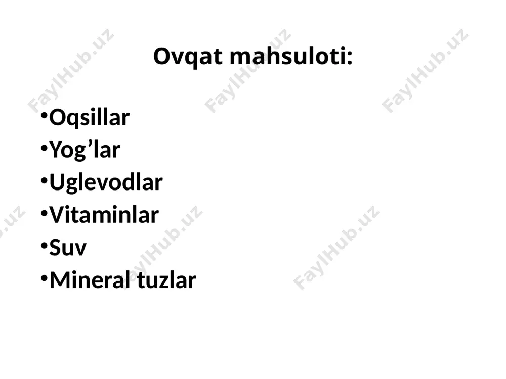 ar mavjud helicobacter pylori uorren va marshal 2005 yil nobel mukofotini berishgan oshqozonni tekshirish usullari: zondlash rentgenografiya endoskopiya uzi radioelektron usul moddalar va energiya almashinuvi yosh xususiyatlari va gigienasi. vitaminlar. bolalar va o’smirlarning ovqatlanish tartibi va uni tashkil etish. bolalar va o’smirlarning ovqatlanish gigiyenasi reja ovqatlanish, oqsillaming ahamiyati. bolalar va o’smirlarning ovqatlanish tartibi va uni tashkil etish. ovqatning sifat miqdori va kuchlilik ahamiyati. muvozanatlangan ratsion tuzishning amaliy ahamiyati. bolalar va o’smirlarning ovqatlanish gigiyenasi. ovqatdan zaharlanish. zaharlanish belgilari va hillari. . bolalar va o‘smirlarnmg kundalik enrgiyaga, oqsil, yog’ va karbonsuvlarga bo’lgan ehtiyoji. yog’larning ahamiyati. uglevodlarning ahamiyati. vitaminlar va ularning ahamiyati. mineral moddalar va ularga boigan ehtiyoj. модда алмашинувининг моҳияти модда алмашинуви ҳаёт учун хос бўлиб, турли моддаларнинг ташқи муҳитдан организмга ки-риши,уларнинг ўзлаштирилиши, ўзгартирили-ши ва ҳосил бўлган парчаланиш махсулотлари-нинг организмдан чиқарилишидан иборатдир. модда алмашинуви оқибатида хужайра струк-туралари узлуксиз янгиланади ва парчаланади. кимёвий бирикмалар парчаланиши туфайли улардаги потенциал энергия:кинетик, иссиқлик, механик ва электр …