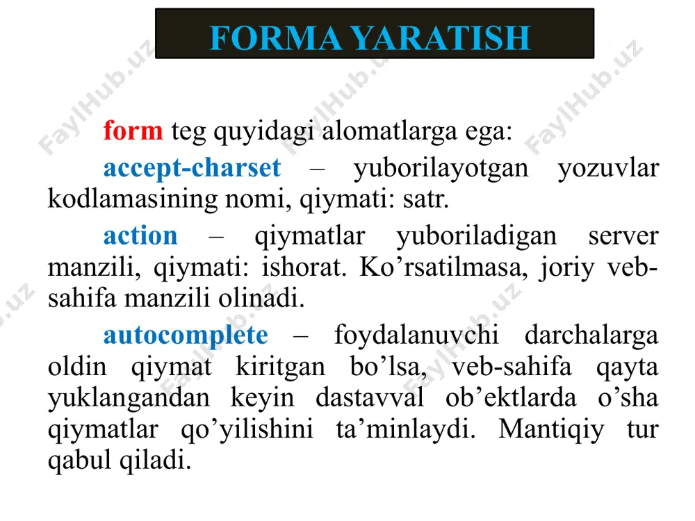 o’rsatilgan satr nomi bilan «ltr» yoki «rtl» qiymatlaridan biri yuboriladi. disabled – darchaning faolligini o’chiradi. ma’lumot kiritish yoki o’zgartirish imkoniyati bo’lmaydi (zarurmas qiymat). form – ushbu alomatda formaning «id» sidagi qiymat beriladi. agar darcha «form» tegining ichida joylashgan bo’lsa, bu shart emas. ba’zi hollarda element formadan tashqarida (boshqa faylda) yaratilgan bo’lishi mumkin, shunda tashqaridagi darchani formaga biriktirish imkoniyatini yaratadi. lekin ba’zi brauzerlar buni qo’llamaydi va bunday ishlatish tavsiya etilmaydi. input darchasi formaction – ushbu alomat formadagi «action» bilan bir xil vazifani bajaradi. bitta formada bir necha tugma qo’yilib, har birini bosganda o’ziga xos boshqa-boshqa manzilga murojaat kilish lozim bo’lsa, unda shu alomatdan foydalaniladi va u ustuvor hisoblanadi. max – son yoki sana sifatidagi kiritilishi mumkin bo’lgan eng katta qiymatni aniqlaydi. maxlength – kiritilayotgan satrdagi belgilarning eng ko’p miqdori nechta bo’lishini chegaralaydi, qiymati: son. min – son yoki sana sifatidagi kiritilishi mumkin bo’lgan eng kichik qiymatni aniqlaydi. input darchasi minlength – …