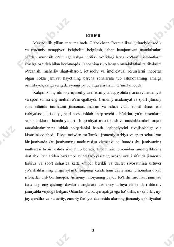 kamol avlod tarbiyasining asosiy omili sifatida jismoniy tarbiya va sport sohasiga katta e’tibor bеrildi va davlat siyosatining ustuvor yo‘nalishlarining biriga aylanib, bugungi kunda ham davlatimiz tomonidan ulkan islohatlar olib borilmoqda. jismoniy tarbiyaning paydo bo‘lishi insoniyat jamiyati tarixidagi eng qadimgi davrlarni anglatadi. jismoniy tarbiya elementlari ibtidoiy jamiyatda vujudga kelgan. odamlar o‘z oziq-ovqatiga ega bo‘ldilar, ov qildilar, uy-joy qurdilar va bu tabiiy, zaruriy faoliyat davomida ularning jismoniy qobiliyatlari - kuch, chidamlilik, tezlik o‘z-o‘zidan rivojlanib bordi. asta-sekin, tarixiy jarayon davomida odamlar ko‘proq faol va harakatchan turmush tarzini olib borgan, muayyan jismoniy harakatlarni qayta-qayta takrorlaydigan, jismoniy kuch ko‘rsatadigan qabila vakillarining ham kuchliroq, bardoshli va samarali ekanligiga e’tibor qaratdi. bu odamlarning jismoniy mashqlar (harakatlarning takrorlanishi) hodisasini ongli ravishda tushunishiga olib keldi. o‘zbekistonda jismoniy tarbiya hamda sportning kundan kunga rivojlanib borishi barchamizni quvontirmoqda. sportning, jismonan barkamol insonni shakillantirishdagi beqiyos hamiyati oxirgi yillarda hukumatimiz tomonidan qabul qilinayotgan qaror-farmonlarda o‘z aksini topmoqda.bu bor haqiqat.chunki jismoniy tarbiya va sport …