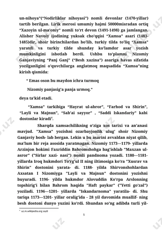 y va dehlaviyni ta'riflar ekan, turkiy tilda "xamsa" yozishning sababini shunday izohlaydi: ...gar nuktalari jahonni tutti, g'avg'olari ins-u jonni tutti. chun forsiy erdi nukta shavqi, ozroq edi anda turk zavqi. ul til bila nazm bo’ldi malfuz, kim forsiy anglar o’ldi mahzuz. men turkcha boshlabon rivoyat, qildim bu fasonani hikoyat. kim shuhrati jahonga to’lg'ay, turk eliga dog'i bahra bo’lg'ay navoiy o’z salaflarining yuksak san'atkorligini sharaflaydi, ular- ning adabiy tajribalaridan ta'lim olganligini e'tirof qiladi. dostonlarning muqaddima qismida ustozlariga bag'ishlab maxsus boblar yozib, ularni ulug'laydi. mas'uliyatli bu ishda ularga ruhan suyanadi va yo’ldasa bu yo’lda nizomiy yo’lum, qo’ldasa xusrav bila jomiy qo’lum, — deb madad tilaydi. biroq navoiy oldingi xamsanavislarni takrorlab, ularga ko’r- ko’rona taqlid qilmaydi. o’z oldiga yangi, o’ziga xos "xamsa" yara- tish vazifasini qo’yadi. buni muallif "xamsa"ning bir necha o’rni- da ochiq-oydin ta'kidlaydi. jumladan, u "farhod va shirin" dostoni muqaddimasida shunday yozadi: ani nazm etki, tarhing toza bo’lg'ay, ulusqa mayli beandoza …