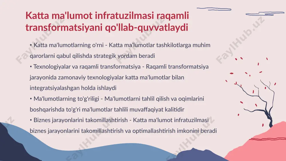 texnologiyalar yordamida katta ma'lumotlarni boshqarish jarayonlari avtomatlashtirilmoqda hamda samaradorlik oshmoqda katta ma'lumotlarni saqlash va boshqarish uchun innovatsion texnologiyalar muhim • ma'lumotlar tahlili - ma'lumotlar vizualizatsiyasi yordamida katta ma'lumotlarni tahlil qilish osonlashadi va bu jarayonda muhim tendensiyalarni tezda aniqlash imkonini beradi • e'tiborni jalb etish - vizual tasvirlar ma'lumotlarning murakkabligini soddalashtirib, e'tiborni jalb qiladi va foydalanuvchilarga tezroq tushunishga yordam beradi ma'lumotlar vizualizatsiyasi katta ma'lumotlardan foyda olishni osonlashtiradi • katta ma'lumotlarning roli - katta ma'lumotlar biznesning ma'lumotlarga asoslangan qarorlar qabul qilishiga yordam beradi ularning hajmi va xilma-xilligi bilan tanishish jarayonini tezlashtiradi • avtomatlashtirish jarayonlari - katta ma'lumotlar infratuzilmasi avtomatlashtirish jarayonlarini takomillashtiradi shu bilan birga vaqt va resurslarni tejashga imkoniyat yaratadi • analitika va qaror qabul qilish - katta ma'lumot asosida amalga oshiriladigan analitika yordamida biznes jarayonlarining samaradorligi oshiriladi qarorlar yanada ma'lumotga asoslangan bo'ladi • kelajak rivoji - katta ma'lumotlar infratuzilmasi rivojlanishi bilan biznes jarayonlarida inqilobiy o'zgarishlar sodir bo'ladi yangi imkoniyatlar paydo bo'ladi …