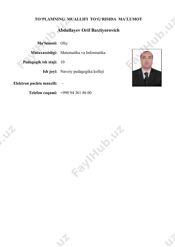 axsus fan o’qituvchilari taqrizchilar: g.e. djampeisova – nizomiy nomli toshkent davlat pedagogika universiteti “maktabgacha ta`lim metodikasi” kafedrasi mudiri, pedagogika fanlari nomzodi, dosent. z.n.abitova - chilonzor tumani 294-mtt mudirasi ro’ziyeva saodat baxtiyarovna – shayxontahur tumani 171-mtt mudirasi 1.o’quv dasturining umumiy talablari dastur nomi mtt-da matematika va ekologiya ajratilgan soat 80 mavzular soni 40 dasturning maqsadi mashg`ulotlarda va boshqa ta`lim-tarbiyaviy faoliyatlarda ishni tashkil etish va rejalashtirish, matematikaga o`qitishning asosiy tashkiliy masalalari, bolalarga kichik yoshdan son-sanoq, kattalik, geometric shakl, tevarak-atrofda mo`ljal olish, vaqtni chamalash va qurish-yasash haqidagi matematik tasavvurlarni shakllantirishdan iboratdir. maktabgacha yoshdagi bolalarning ekologik ta'limi uchun bo’lajak tarbiyachi yordamchilarini kasbiy tayyorligini shakllantirish va atrof-muhitni o’rgatishga zamonaviy yondashish. jonli va jonsiz tabiat obyеktlari haqida ma'lumot bеra olish. sayr, ekskursiyahamda o’yinlarni tashkil etishda rejalashtirilgan mеtodni to’g’ri qo’llashda ko’maklashish. o’zlashtirish (o’qitish) natijalari -maktabgacha ta`lim tashkilorlarida ilk matematikaga o’rgatishning nazariy asoslari haqida bilib oladi; -bo`lajak tarbiyachining ilmiy va uslubiy ta`minlanganligini, uning kasbiy kompetentligini organadi; - son …