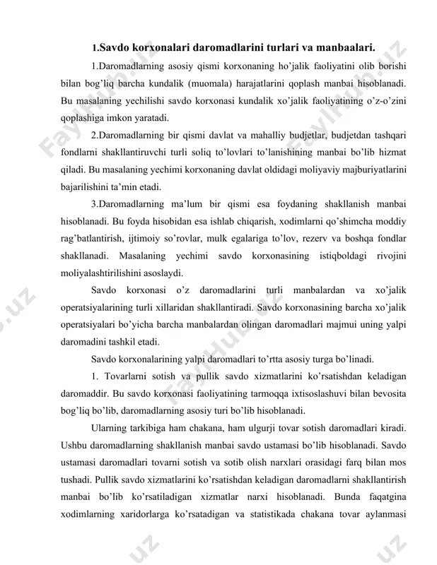 sotishdan keladigan daromadlar savdo korxonalarida bunday tovarlarni sotish, qo’shimcha xizmat ko’rsatish, alohida balansga ega bo’lgan xizmat va ishlarni bajarish hisobiga shakllanadi. (masalan: hamkor korxonaga savdo korxonasi avtotransporti bilan transport xizmatlarini ko’rsatish). 3. mulk sotishdan keladigan daromadlar. bu asosiy fondlarning alohida turlarini, nomaterial aktivlarni, qimmatli qogozlarni, valyuta boyliklarini va savdo korxonalarining material va moliyaviy aktivlarining boshqa shakllarini sotishdan tushadigan daromad hisobidan shakllanadi. 4. sotish operatsiyalari daromadlaridan boshqa daromadlar. tovar sotish, pulli xizmat ko’rsatish va savdo korxonasiniig boshqa savdo operatsiyalari bilan bsvosita bog’liq bo’lmagan daromadlar tushumi hisobidan shakllanadi. ularning tarkibiga berilgan savdo korxonasining mahalliy yoki xorijiy sheriklar ishtirokidagi boshqa qo’shma korxonalar faoliyatidagi payli qatnashishi daromadlari (qo’shma korxonalarda uning payi uchun foyda ko’rinishida bo’ladi); korxonaga tegishli obligatsiyalar daromadlari; chiqarilgan aksiya va boshqa qimmatli qog’ozlar daromadlari (qimmatli qog’ozlardan olingan foiz summalari va dividentlar ko’rinishida); korxonaning banklardagi depozit qo’yilmalaridan oladigan daromadlari; olingan jarimalar va qoplamalar; nosavdo operatsiyalarining boshqa daromad shakllari kiradi. savdo korxonalarining yalpi daromadining …