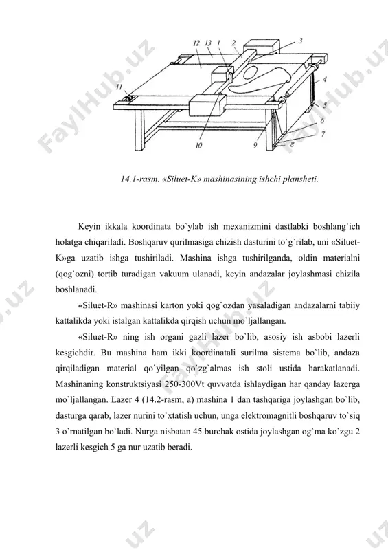 son topish takrorlanadi; bo`yi va eni o`lchanadi, nuqsonlari va tekis bo`yalmagan joylari belgilanadi. tayyorlov bo`limlarida materiallarning muayyan qalinligi va kengligiga moslangan mexanizatsiyalashgan nuqson topish-o`lchash stanoklarining turli tiplari ishlatiladi. 14.3-rasm. nuqson topish-o`lchash stanogi. ns-59 moskva eksperimental mexanika zavodi ishlab chiqaradigan nuqson topish-o`lchash stanogining ishlash printsipini ko`rib chiqamiz. stanokda payvand konstruktsiyali korpus bo`lib, unga qiya joylashgan nazorat taxtasi (14.3-rasm) mahkamlangan. taxtada oyna yopib turadigan darcha bo`lib, material shu darcha orqali lyuminestsent lampalar yordamida tag tomonidan yoritiladi. yuqoridan ham material yoritkichdagi lyuminestsent lampalar yordamida yoritiladi. material ruloni novga qo`yiladi yoki skalkaning aylanishini yengillashtiradigan to`rtta sharikli podshipnigi bor ikkita tayanchda aylanib turadigan skalkaga kiydirib qo`yiladi. dastani burib, qisuvchi valik tashuvchi valikdan uzoqlashtiriladi va ular o`rtasidagi oraliqqa material uchi kiritiladi. keyin ko`tarilib qo`yilgan qisgichni valda yuqori tomonga burib turib, materialni shtanga ustidan o`tkazib, nazorat taxtasi bo`ylab tortila boshlanadi. material uchini pastga tomon olib tushib, skalkaga o`raladi-da, uni yo`naltirgichlarning pazlariga kiritiladi. mashinaning o`ng tomondagi panel tagidagi …