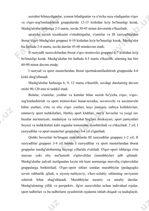 l, i razryadlilar va sport masterlari gruppalari 3-4 yil o'rgatiladi. qishki hovuzlari bo'lmagan maktablarda iii razryadlilar gruppasi 1-2 yil, ii razryadlilar gruppasi 3-4 yil hamda i razryadlilar va sport masterlaridan iborat gruppalar mashg'ulotlarning keyingi yillarida o'sitiladi. o'quv-sport ishlariga o'rta maxsus yoki oliy ma'lumotli o'qituvchilar (murabbiylar) jalb qilinadi. mashg'ulotlar jadvali tuzilgandan keyin ish kuni normasiga muvofiq o'qituvchilar gruppalarga biriktiriladi. o'quv-sport ishlari ustidan murabbiylar (pedagogik) soveti rahbarlik qiladi, u siyosiy-tarbiyaviy, o'kuv-uslubiy ishlarning saviyasini oshirish bilan shug'ullanadi. murabbiylar nazariy va amaliy darslar, mashg'ulotning yillik va perspektiv, ilg'or suzuvchilar uchun individual rejalar, sport tadbirlari va bu tadbirlarni uyushtirish rejalarini ishlab chiqadi va tasdiqlaydi. bundan tashqari o'qituvchilar sostavining ijtimoiy-siyosiy darajasini va malakasini oshirishga qaratilgan tadbirlar kompleksini ishlab chiqadi va o'tkazadi. jamiyat aktivini tuzish (uyushtirish). har bir gruppaga o'qituvchilar biriktirilgandan so'ng gruppa asta-rostasi va unga yordamchi saylanadi. starostalar gruppani o'tiladigan darsga tayyorlashda va o'qituvchiga o'quv-tarbiyaviy hamda o'quv-sport ishlarini o'tkazishda ko'maklashishi kerak. starostalar murabbiylar majlisida qatnashadi va …