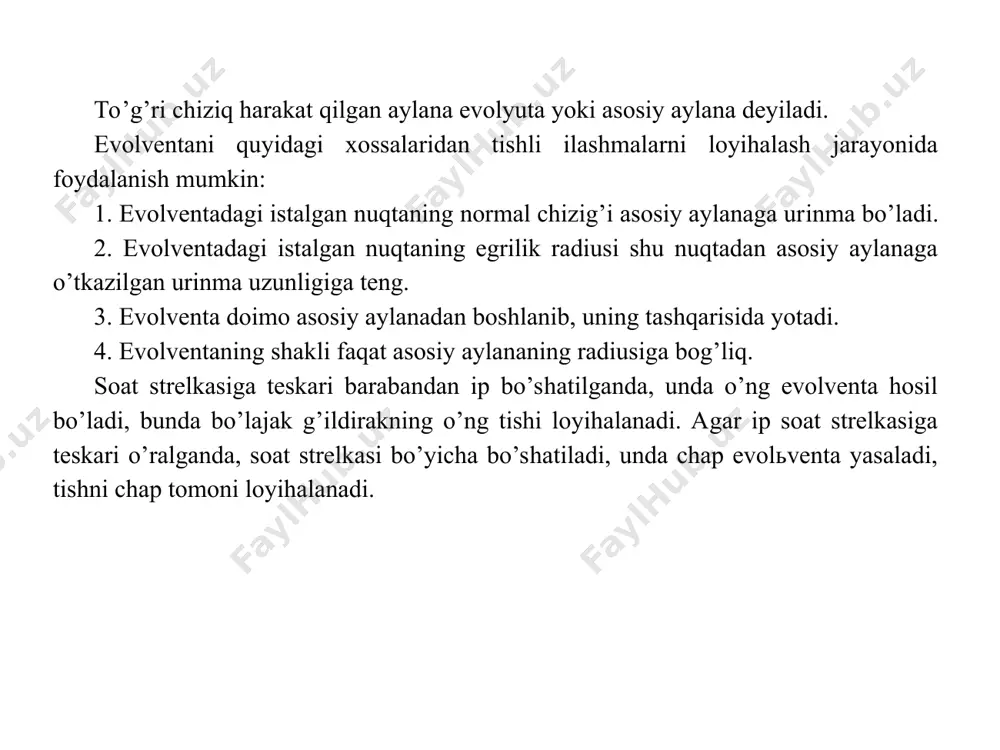 quyidagicha ifodalaymiz modul standart qiymat hisoblanib, mm da o’lchanadi, shunin uchun tishli g’ildirakning hamma o’lchamlari “mm” da o’lchanadi. standartga asosan qator mavjud modullar millimetrning yarmidan 100 mm gacha qiymatni qabul qiladi. modulning ba’zi bir qiymatlari: m=0,5; 1; 1,5; 2; 2,5; 3; 4; 5 ... 100 mm. bo’luvchi aylana radiusi tishli g’ildirakning tish kallagi ustidan o’tuvchi aylana radiusi tishli g’ildirakning tish g’ildirak oyog’i ostidan o’tuvchi aylana radiusi asosiy aylana radiusi tish oyog’ining balandligi tishning umumiy balandligi bo’luvchi aylana bo’yicha tish qadami bo’luvchi aylana bo’yicha tish qalinligi bu formulalardan ko’rinib turibdiki, standart normal silindrsimon tishli g’ildirakning hamma geometrik o’lchamlarini aniqlash uchun ikkita parametrning qiymatini bilish kifoya, ya’ni z-tishlar soni va m-moduli. z r p p 2 = z r m 2 = 2 z m r = m r r a + = m r r f 25 , 1 - = a cos r r b = m h f 25 …