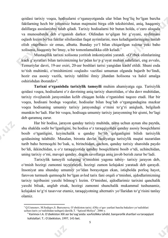 g‘ambarlar nomini tilga olgan, ishonch bildirganlari uchun idealist – noilmiy degan tamg‘a yopishtirildi, ularning ijodiy faoliyatini o‘rganish chegaralandi, asarlari xalqdan yashirildi, yo‘qotib yuborildi. oqibatda ko‘pgina tarixiy voqealar soxtalashtirildi, ma’naviy merosimiz, milliy qadriyatlarimiz kamsitildi. yosh avlodga ularni xurofat, eskilik sarqitlari deb o‘rgatildi. tarix faqat jangu jadal, urushlardan iborat jarayon sifatida tasvirlandi.[footnoteref:4] [4: q.usmonov, m.sodiqov,s.burxonov. o‘zbekiston tarixi. toshkent, 2006. 9-bet. ] xalqimiz tarixining bu qadar soxtalashtirilishiga faqat marksistik metodologiyaning yaroqsizligi aybdor deyish kifoya qilmaydi, albatta. tarixni soxtalashtirishda, xalqni o‘z tarixiy xotirasidan judo qilishda, turkistonning o‘tmishini kamsitishda mamlakatda hukmron bo‘lgan totalitar tuzumning salbiy roli katta bo‘ldi. tarix fani totalitar tuzum xizmatkoriga, tashviqotchisiga, kommunistik mafkura dumiga aylantirilgan edi. insoniyat tarixini, tarixiy voqea, hodisalarni to‘g‘ri yoritish va o‘rganish uchun bir qator muhim nazariy-metodologik tamoyillarga tayanmoq zarur. bilish nazariyasining dialektik metodi ana shunday tamoyillardan biridir. dialektika olam yagona va yaxlit, unda sodir bo‘ladigan hodisalar, voqealar umumiy va o‘zaro bog‘lanishda, uzluksiz harakatda, ziddiyatli taraqqiyotda bo‘ladi, deb ta’lim …
