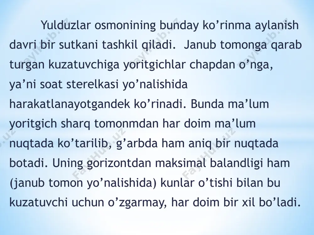 i tezligi bilan o’lehangani holda, jism ostida, yer sirtida yotgan nuqtalarning tezligi bilan hisoblanadi. bu yerda r0 — yer radiusini, esa, mos ravishda, o va a nuqtalarga tegishli bo’lgan yerning burehak tezliklarini ifodalaydi. bir-biriga tengligidan va > v0 ekanligi oydin bo’ladi. shuning uehnn ham h balandlikdan tashlangan jisni o nuqtadan sharqqa ilgarilab, oldinga tushadi va yerning g’arbdan sharqqa aylanishini tasdiqlaydi. (2- rasm) 3-rasm. sayyoramizda yil fasllarini kuzatilishi. e’tiboringiz uchun rahmat image13.png image14.png image15.jpeg image16.png image17.png image18.png image19.jpeg image20.png image21.png image1.png image2.jpeg image5.jpeg image9.jpeg