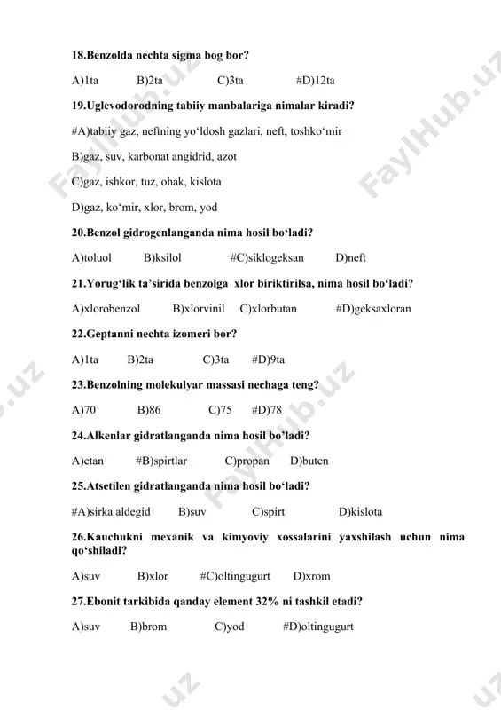 diol #c)nitroglitserin d)butandiol formaldegid birinchi marta kim tomonidan olingan? a)butlerov b)zinin c)kolbe #d)vyoler 37.molekulyar og‘irlikni ortishi bilan kislotalarni qaynash harorati qanday o‘zgaradi? a)kamayai #b)ortadi c)o‘zgarmaydi d)yonadi 38.chumoli kislota tuzlari qanday nomlanadi? a)protpionatlar b)aldegidlar #c)formiatlar d)kislotalar 39.uzum sirkasi boshqacha qanday ataladi? a)chumoli kislota #b)sirka kislota c)spirt d)moy kislota 40.atsetatlar qaysi kislota tuzi? a)chumoli b)propion #c)sirka d)butan 41.ko‘k sovun qaysi metall ishtirokida olinadi? #a) kaliy b)bariy c)rux d)natriy 42.qattiq sovun tarkibida qaysi metall bor? #a)natriy b)mis c)temir d)xrom 43.yog‘lar birinchi marta kim tomonidan va nechanchi yilda sintez qilingan? #a)bertlo 1854 y b)zinin 1865 y c)kolbe 1853 y d)butlerov 1861 y 44.lavlagi va olma tarkibidan qaysi kislota topilgan? #a) malon kislota b)sirka kislota c)limon kislota d) lenolen kislota 45.yod soni nimani bildiradi? #a)yog‘ning to‘yinmaganlik darajasini b)kislota darajasini c)oksidlanish darajasini d)efirlanish darajasini 46.o‘simlik yog‘lari qanday ataladi? #a)moy b)suv c)tuz d)kislota 47.hayvon organizmidagi yog‘lar qaysi fermentlar ta’sirida parchalanadi? #a)lipaza b)amilaza c)pentoza d)fruktoza 48.qaysi kislotalardan hosil …