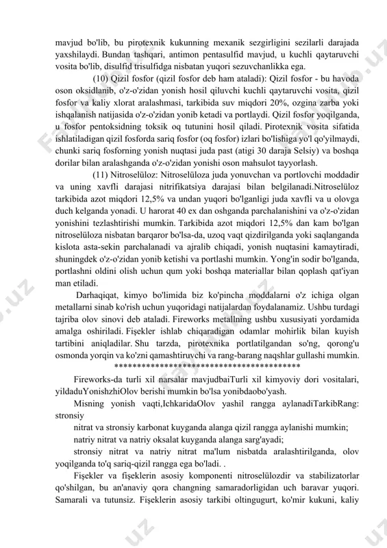 h juda oson. (3) bariy nitrat: bariy nitrat xona haroratida yaxshi kimyoviy barqarorlikka ega va mexanik sezgirligi past, ammo kaliy xlorat bilan aralashtirilganda sezgir bariy xlorat hosil bo'ladi, uni pirotexnikaga qo'shganda o'z-o'zidan yonishi mumkin, blew. (4) kaliy perklorat: kaliy perxlorat kaliy xloratdan yaxshiroq kimyoviy barqarorlikka ega, u siyanat sulfid bilan aralashtirilganda o'zini portlatadi va organik moddalar bilan aralashganda kuchli portlovchi xususiyatlarga ega. (5) oltingugurt: oltingugurt va kaliy xlorat aralashmasi yuqori sezuvchanlikka ega bo'lgan portlovchi moddani hosil qilishi mumkin.pin zarba yoki ishqalanish paytida portlab ketadi, oltingugurt issiqlik va elektr tokining yomon o'tkazuvchisidir, u maydalash va maydalash paytida statik elektr energiyasini ishlab chiqaradi, o'z-o'zidan yonish va portlashni keltirib chiqaradi. oltingugurt kukuni mashhurligi bilan kislorod bilan portlovchi aralashmani hosil qiladi, oltingugurt miqdori bir litr havo uchun 7 milligramdan oshganda, u olov manbaiga duch kelganda portlaydi. (6) alyuminiy kukuni: alyuminiy kukuni suyultirilgan kislota tarkibida oson eriydi, suvga tushganda yoki nam bo'lganida suv bilan kimyoviy …
