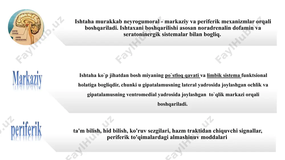 da hosil bo`luvchi moddalar (sekretin, xoletsistokinin-pankreozimin, prostaglandin ye2, ichak tomirlarini faollashtiruvchi peptid vip va meьda sekretsiyasini susaytiruvchi peptid gip) aksincha me'da sekretsiyasini pasaytiradi. (vip-vasoactive intestinal peptide), (gip-gastric inhibitory peptide). gastrin, gistamin va ekstraktiv moddalar asosan tashxis qo`yish maqsadida qo`llaniladi. agar me'da sekretsiyasining susayishi - funktsional o`zgarishlar tufayli yuzaga kelgan bo`lsa, ushbu vositalar me'da shirasini ajralishini kuchaytiradi,. organik jaroxat tufayli bo`lsa, o`zgarishsiz. tashxis uchun eng yaxshi vosita gastrin. gastrin ta'sir kuchi buyicha gistamindan ancha kuchli, tanlab ta'sir etadi. gastrin gistamin kabi ncl va pepsinogenni. kaslning ichki omilini ajralishini, xamda me'da osti bezi sekretsiyasi va o`t hosil bo`lishini kuchaytiradi. tibbiyot amaliyotida sintetik gastrin-pentagastrin qo`llaniladi. meъda funktsiyalarini buzilishida qo`llanuvchi vositalar gistamin –h2 retseptorlarini qo`zgatib, me'da shirasini kuchli darajada oshiradi. gestaminning ta'sir doirasi keng. u qon bosimini pasaytiradi, kapillyarlar o`tkazuvchanligini oshiradi, bronxospazm chaqiradi, ichak spazmiga olib keladi shu sababli gistamnni kirtishdan avval, bemorlarga antgistamin vositasi beriladi. me'da shirasini ishlab chiqarish keskin kamaysa yoki umuman …