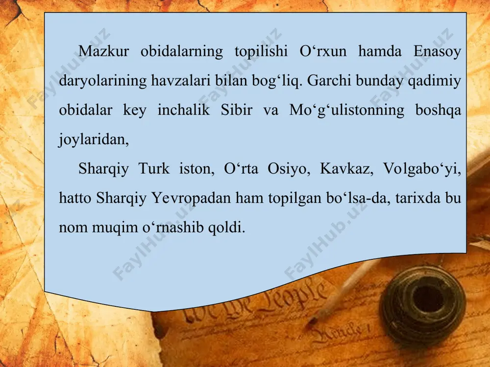 opildi. enasoy daryosi qirg‘oqlaridan ham shunday yodgorliklar topilgan. ular keyinchalik o‘rxun-enasoy yodgorliklari nomini oldi. ma’lumki, turkiy xalqlar o‘z davlatiga ega bo‘lgan eng qadimgi dunyo qavmlaridan biridir. o‘rxun-enasoy obidalari ana shu tarixni badiiy tarzda hikoya qiladi. ular o‘rta osiyodan boshlab dunaygacha bo‘lgan ulkan hududda o‘z davlatlarini idora qilishgan. yodgorliklar, asosan, vi–viii asr voqealarini aks ettiradi. v–vi asr o‘rtalarida dunyo xaritasida turk xoqonligi degan mamlakat yuzaga kelgan. bu mamlakat o‘rta osiyo, yettisuv, sharqiy turkiston, oltoy o‘lkalaridagi turli qabila va xalqlarni birlashtirgan edi. bu yerlar geografik jihatdan nihoyatda qulay, buning ustiga yevropa va sharqiy osiyoni bog‘lab turuvchi, «buyuk ipak yo‘li» ning ustida edi. shuning uchun ham turkiylar yashaydigan manzillarga qiziqish katta bo‘lgan. turli qabila va elatlarning doimiy hukmronlikka intilishi odatdagi hol edi. bundan dushmanlar ham foydalanishga harakat qiladilar. tashqi dushmanga qarshi hamkorlikda kurashish qabila va elatlarn ing birlashishiga olib keldi va 545-yilda turk xoqonligi yuzaga keldi. bu xoqonlik viii asrgacha hukmronlik qildi. toshbitiklarning …