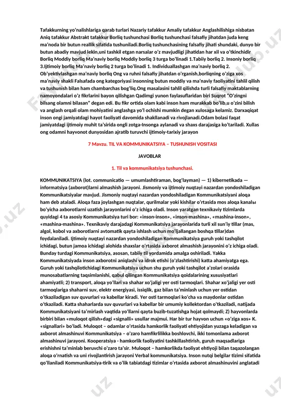 va ilmiy bilishlarga ajratish mumkin. oddiy bilish insonning kundalik hayotdagi voqea va hodisalarning o’z sezgi a’zolari orqali atrofni ong tafakkur yodamida tushunishidir. ilmiy bilish oddiydan farqli o’laroq tabiatdagi predmet va hodisalarning aniq qonuniyatlarini bilishdan iborat bo’lib bu o’z navbatida ularni yuzaki emas balki chuqurroq o’rganishni taqazo etadi. bilishning asosiy bosqichlari inson bilishi hissiy bilishdan- aqliy bilishga, jonli mushohadalardan- abstract tafakkurga tomon va aksincha, yo’nalishlardan iborat dialektik jarayon hisoblanadi. bundagi hissiy va aqliy bilish o’zaro chambarchas bog’liq ikki “quyi” va “yuqori” bosqichlardir. hissiy bilish- inson bilishining dastlabki bosqichi bo’lib, natijada miyada predmet va hodisalarning belgilari, signallari va hissiy obrazlari hosil bo’ladi. hissiy bilish bosqichlari: sezgi, idrok va tasavvur kabi shakllarda bo’ladi ilmiy bilish fanlar ilmiy bilishning shakllaridir. ilmiy bilish ko’plab umumiy, xususiy va alohida konkret ilmiy metodlar yordamida vujudga keladi. 4. ong-tafakkur va borliqning birligi. 4. mantiqiy bilishda inson ongi borliqdagi predmet va hodisalarning ichki bog’lanishlari va aloqadorliklarini, ularning harakat, o’zgarish …