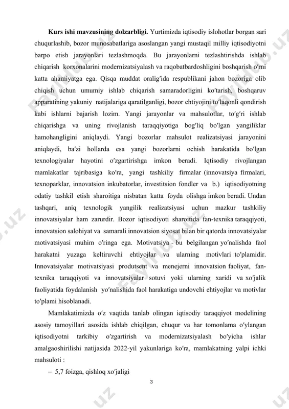 yotgan jamiyat o′z-o′zidan rivojlanish yo′liga qadam qo′yadi” o‘tgan asrning oxirgi 10-yilida dunyo siyosiy xaritasida sodir bo‘lgan tub o‘zgarishlar, xususan, o‘zbekistonning o‘z mustaqilligiga erishib, bozor iqtisodiyoti tizimiga o'tishi natijasida xalqimizning iqtisodiy bilimlarga bo‘lgan qiziqishi keskin darajada ortib ketdi. respublikamiz birinchi prezidenti i.a.karimov o‘zbekistonning kelajagi buyuk davlat ekanini har taraflama va ilmiy asoslab berdi. shu bilan birgalikda buyuk kelajakni yaqinlashtirish, avvalambor, iqtisodiyotga, uning o‘sish sur'atlariga bog'liq ekani, yurtboshimizning ko'pdan ko‘p chiqishlarida va asarlarida o‘z ifodasini topdi. shu munosabat bilan jamiyat a'zolari, ayniqsa, yoshlarga iqtisodiy ta'lim berish, xususan, bozor iqtisodiyoti asoslarini o‘rgatish o‘ta dolzarb vazifaga aylandi. bozor, pul, moliya, kredit, daromad, foyda, marketing, menejment kabi iqtisodiy tushunchalar kishi ongiga yoshligidan qanchalik singib borsa, uning iqtisodiy tafakkuri shuncha erta shakllanadi. shuning uchun iqtisodiy savodxonlikni shakllantirish umumiy o'rta ta’lim maktablaridan boshlanib, o‘rta maxsus va kasbhunar ta'limi muassasalari (litsey va kollejlarda, shuningdek, oliy o‘quv yurtlarida yuqoriroq darajada davom ettirilishi kerak. mana shunday uzluksiz iqtisodiy ta'lim yoshlarimizga …