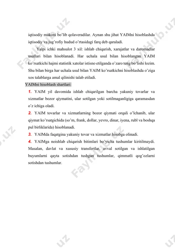 ichlardan foydalaniladi: 1. iste’mol qilingan kapital hajmi (cca) yoki amortizasiya (a), ya‘ni, joriy yildagi yaimni ishlab chiqarish jarayonida iste‘mol qilingan investisiya tovarlarini sotib olishga mo‘ljallangan ajratmalar; 2. biznesga egri soliqlar (t) – mahsulot bahosini oshiruvchi, ishlab chiqarishga bog‘liq bo‘lmagan xarajatlar hisoblanadi. jumladan, qo‘shimcha qiymat solig‘i, aksizlar, lisenziya to‘lovlari va bojxona bojlari. 3. yollanma ishchilarning ish haqlari (w), ya‘ni xususiy va davlat kompaniyalarining ish xaqi to‘lashga sarflagan umumiy xarajatlari (ish xaqi va ijtimoiy sug‘urta ajratmalari – nafaqa, bandlik va boshqa ijtimoiy fondlarga). 4. ijara haqi (r1), xususan bu iqtisodiyotni mulk resurslari bilan ta‘minlovchi uy xo‘jaliklarining daromadlari (masalan, ijaraga berilgan turarjoylar, binolar, asbob- uskunalar, er va boshqalardan olinadigan daromadlar). 5. foiz stavkalari yoki foizli daromadlar (r2) – pul kapitalini etkazib beruvchilarga xususiy biznes daromadidan pul to‘lovlari. 6. individual mulkdan keladigan daromad (p1). 7. korporasiya foydasi (p2). korporasiyalarning foydasi quyidagilarga bo‘linadi: a) korporasiya foydasiga soliq yoki foyda soligi(p2.1); b) hissadorlar o‘rtasida taqsimlanadigan dividendlar(p2.2); …
