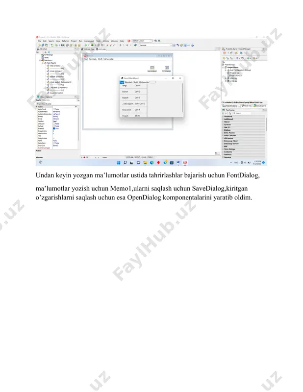 ------ void __fastcall tform1::joylashtirish1click(tobject *sender) { memo1->pastefromclipboard(); } //--------------------------------------------------------------------------- void __fastcall tform1::kabisaqlash1click(tobject *sender) { if (savedialog1->execute());{ filename = savedialog1->filename + ".txt"; memo1->lines->savetofile(filename); caption = extractfilename(filename); } } //--------------------------------------------------------------------------- void __fastcall tform1::saqlash1click(tobject *sender) { if (filename == "yangi hujjat") { kabisaqlash1->click(); } else { memo1->lines->savetofile(filename); } } //--------------------------------------------------------------------------- void __fastcall tform1::ochish1click(tobject *sender) { int res = messagedlg("o'zgarishlarni saqlaysizmi?",mtinformation,tmsgdlgbuttons() click(); if (opendialog1->execute()) { filename = opendialog1->filename; memo1->lines->loadfromfile(filename); caption = extractfilename(filename); } } else if (res == mrno) { if (opendialog1->execute()) { filename = opendialog1->filename; memo1->lines->loadfromfile(filename); caption = extractfilename(filename); } } } //--------------------------------------------------------------------------- void __fastcall tform1::yangi1click(tobject *sender) { int res = messagedlg("o'zgarishlarni saqlaysizmi?",mtinformation,tmsgdlgbuttons() click(); filename = "yangi hujjat"; memo1->clear(); } else if (res == mrno) { saqlash1->click(); filename = "yangi hujjat"; memo1->clear(); } } //--------------------------------------------------------------------------- void __fastcall tform1::chiqish1click(tobject *sender) { close(); } //--------------------------------------------------------------------------- void __fastcall tform1::formclose(tobject *sender, tcloseaction &action) { int res = messagedlg("o'zgarishlarni saqlaysizmi?",mtinformation,tmsgdlgbuttons() click(); } else if (res == mrcancel) { …