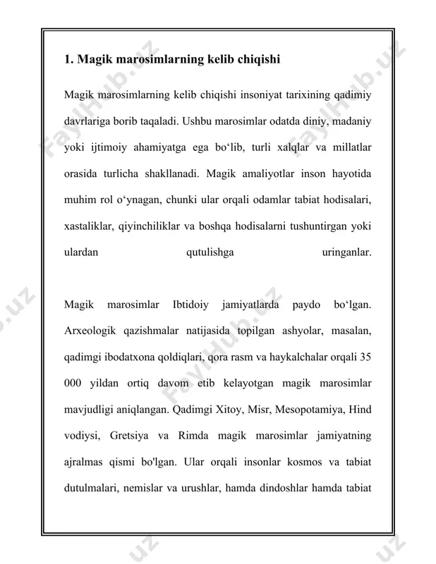 qodlari, diniy amaliyotlar hamda mahalliy an’analar bilan boyitilgan. o‘zbekiston hududida yashagan qadimgi xalqlar va qabilalar turli marosimlar orqali tabiat hodisalarini tushuntirishga, uni boshqarishga yoki o‘zgartirishga, shuningdek, turmushdagi muammolarga yechim topishga intilganlar. ushbu marosimlarning ba’zilari bugungi kungacha saqlanib qolgan va xalqaro etnografiya sohasida qiziqish uyg‘otib keladi. o‘zbekistonda magik marosimlar asosan tabiatni anglash, mo‘l-ko‘lchilikka erishish, himoya qilish, shifo topish va omad keltirish maqsadida amalga oshirilgan. bu marosimlar ko‘pincha qadimgi xalq e’tiqodlari, islomgacha bo‘lgan urf-odatlar va islom festivallari bilan uyg‘unlashgan. marosimlarda turli xil obyektlar, masalan, suv, olov, tuproq va havodan foydalanilgan. birinchidan, "navro‘z" bayramini alohida ta'kidlash lozim. bu bayram asosida xalq e’tiqodida yangi yilning boshlanishi sifatida qabul qilingan kunlarning bir qismi oilaviy va mahalliy bayramlar bilan nishonlanadi. ushbu kunlarda turli xil magik amallar, masalan, suv, yong‘in va o‘simliklardan foydalanib o‘tkazilgan marosimlar amalga oshiriladi. marosimlar jarayonida xalq "bahor otalarini uyg‘otish" va "er yuzini yangilash" maqsadida qilinadigan turli qilingan urf-odatlar, masalan, soyasiga suv sepish va …