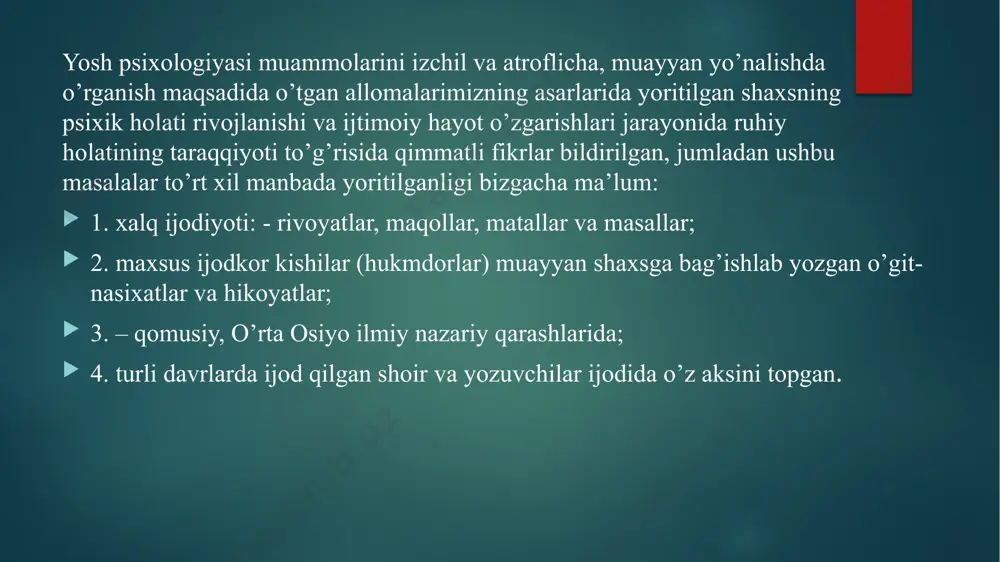 yachilar uchun bolalarning ehtiyojlariga mos ravishda yordam berishni talab qiladi. rivojlanish psixologiyasi sohasida tanilgan shaxs, inson hayotidagi rivojlanish jarayonini sakkiz bosqichga bo'ldi. har bir bosqichda shaxsiy identitet va ijtimoiy munosabatlar o'rtasida muvozanatni topish zarurati mavjud. quyidagi bosqichlar haqida qisqacha ma'lumot: 1. ishonch vs. ishonchsizlik (0-1 yosh): - bolalar ota-onalaridan va atrofdagi odamlaridan ishonch hissini o'rganadilar. agar ular yaxshi parvarish qilinsa, ishonch rivojlanadi. 2. mustaqillik vs. shubha (1-3 yosh): - bu davrda bolalar o'zlarini mustaqil his qilishni o'rganadilar. o'z-o'zini boshqarish qobiliyatlari rivojlanadi. agar ularning harakatlari cheklansa, shubha hissi paydo bo'lishi mumkin. 3. insoniyat vs. ayblov (3-6 yosh): - bolalar o'zlarini ijtimoiy muhitda qanday tutishlarini o'rganadilar. ular ijodkorlik va o'z-o'zini ifoda etish orqali o'zlarini ko'rsatadilar. agar ular ayblansa, ayb his qilishlari mumkin. 4. mehnat vs. qayg'u (6-12 yosh): - bolalar maktabda bilim va ko'nikmalarni o'rganadilar. ular mehnat qilish va muvaffaqiyatga erishish hissini rivojlantiradilar. muvaffaqiyatli bo'lmasa, qayg'u hissi paydo bo'lishi mumkin. erik erikson …