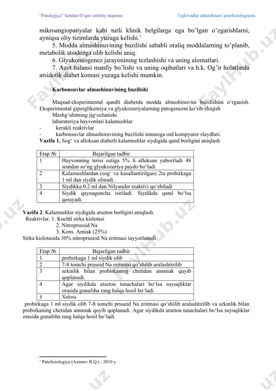 li uning ma’lum bir miqdorini qondan hujayraga o’tishiga olib keladi. qand miqdorini kamayishi-gipoglikemiya-insulin ko’p ishlab chiqarilganda (mas., insulinomada) tashqaridan insulin ortiqcha kiritilganda, gipotalamusning ba’zi o’smalarida, jigarning shikastlanishlarida, jismoniy og’ir mehnat bajarilgandan so’ng, addison kasalligida va h.k.da kuzatilishi mumkin. gipoglikemiyada quyidagi o’zgarishlar yuzaga keladi: gipo- hatto adinamiya, ochlik hissiyoti, titrash, qaltirash, nerv sistemasi faoliyatini buzilishiga bog’liq turli alomatlar va nihoyat gipoglikemik koma. agar qonda qandning miqdori 2 barobar kamaysa, ya’ni 1,66-2,55 mmol’/l kam bo’lsa, koma (uyquchanlik) kelib chiqadi. eksperimentda qandli diabetning modelini quyidagi yo’llar bilan chaqirish mumkin: 1. oshqozon osti bezini butunlay (ekstirpatsiya)yoxud uning langergans orolchalariga tegishli qismini (b-hujayralarining asosiy joylashgan qismini) olib tashlash yo’li bilan. 2. organizmga alloksan yuborish orqali. alloksan glyutationdagi sulufgidril gruppalarini bog’lab, ularga bog’liq fermentlar faoliyatini tormozlanadi va v-hujayralar halok bo’ladi. 3. ditizon yuboriganda. ma’lumki, insulin rux bilan birikma-kompleks hosil qilib, granula ko’rinishida jamg’arma sifatida bezning o’zida to’planadi. ditizon esa ruxni biriktirib olgani uchun insulin depoda yig’ilmaydi. …