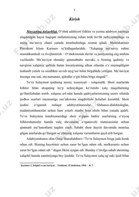 kasi prezidenti i.a.karimovning ma’naviy qadriyatlar, milliy g‘oya va mafkuraga doir asarlaridagi nazariy qarashlarga, n.mallayev, n.karimov, t.mirzayev, g‘.mo‘minov, n.komilov, b.sarimsoqov, i.haqqulov, n.rahimjonov, k.imomov, m.jo‘rayev, i.yormatov, sh.turdimov, u.hamdamov, j.eshonqulov singari o‘zbek adabiyotshunoslarining hozirgi adabiy jarayon, adabiyot nazariyasi, folklorshunoslikka oid tadqiqotlaridagi nazariy fikrlarga tayanildi. mavzuning o‘rganilganlik darajasi. o‘tgan asrning 60 yillarida adabiyot olamiga kirib kelgan to‘ra sulaymonning ijoddagi ilk qadamlari adabiyotshunoslar nazaridan chetda qolmadi. shoirning ilk asarlari to‘g‘risida adabiyotshunos n.karimov1 hamda m.g‘afforovlar tanqidchilikdagi dastlabki fikrlarni bildirdilar. shoir ijodining folklor bilan aloqasi borasida ilk tadqiqni folklorshunos m.g‘afforov amalga oshirdi. uning tadqiqotida to‘ra sulaymon dostonlari g‘oyaviy-badiiy xususiyatlari haqida fikr yuritiladi. folklorshunos l.sharipova2 xx asrning 70-80 yillari adabiyotida folklorizm masalasini o‘rganar ekan, ayrim o‘rinlarda shoir ijodidan misollar havola etadi. adabiyotshunos q.yo‘ldoshev3 shoir ijodi to‘g‘risida o‘z mulohazalarini maqola hajmidagi tadqiqotida bildiradi. tadqiqot obyekti va predmeti. ishda to‘ra sulaymonning 1962-2003 yillarda nashr etilgan to‘plamlariga manba sifatida tayanildi. ushbu to‘plamlardagi she’rlar, dostonlar, baxshiyona termalar, hajviy asarlar, badiiy-publitsistik maqolalar, shoirning …
