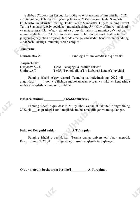 illiy libos va san’at fakulteti kengashining 2022 yil ___ avgustdagi 1 sonli majlisida muhokama qilingan va maʼqullangan. fakultet kengashi raisi:___________a.to’raqulov fanning ishchi o‘quv dasturi termiz davlat universiteti o‘quv metodik kengashining 2022 yil ___ avgustdagi 1 -sonli majlisida tasdiqlangan. o‘quv metodik boshqarma boshlig‘i _________ a. ibragimov fan/modul kodi o‘quv yili 2022-2023 semestr 1 ects - kreditlar 6 fan/modul turi majburiy taʼlim tili o‘zbek/rus haftadagi dars soatlari 6 1. fanning nomi auditoriya mashg‘ulotlari (soat) mustaqil taʼlim (soat) jami yuklama (soat) elektrotexnika, elektronika va elektr 90 90 180 kirish hozirgi vaqtda mahalliy xom ashyo asosida arzon va talabga javob beradigan dori vositalari olish dolzarb masala hisoblanadi. bu masalani hal qilishda chuqur nazariy va amaliy malakaga ega bo’lgan mutaxassislar tayyorlash kerak. elektrotexnika asoslari fani sanoat farmasiyasi yo’nalishi bo’yicha taxsil olayotgan bo’lg’usi mutaxassislar uchun assosiy fanlardan hisoblanadai. chunki sanoat miqyosida dori vositalari ishlab chiqaruvchi mutaxassislar yangi texnologiya va texnikadan foydalana bilishi, ularni boshqara olish hamda …