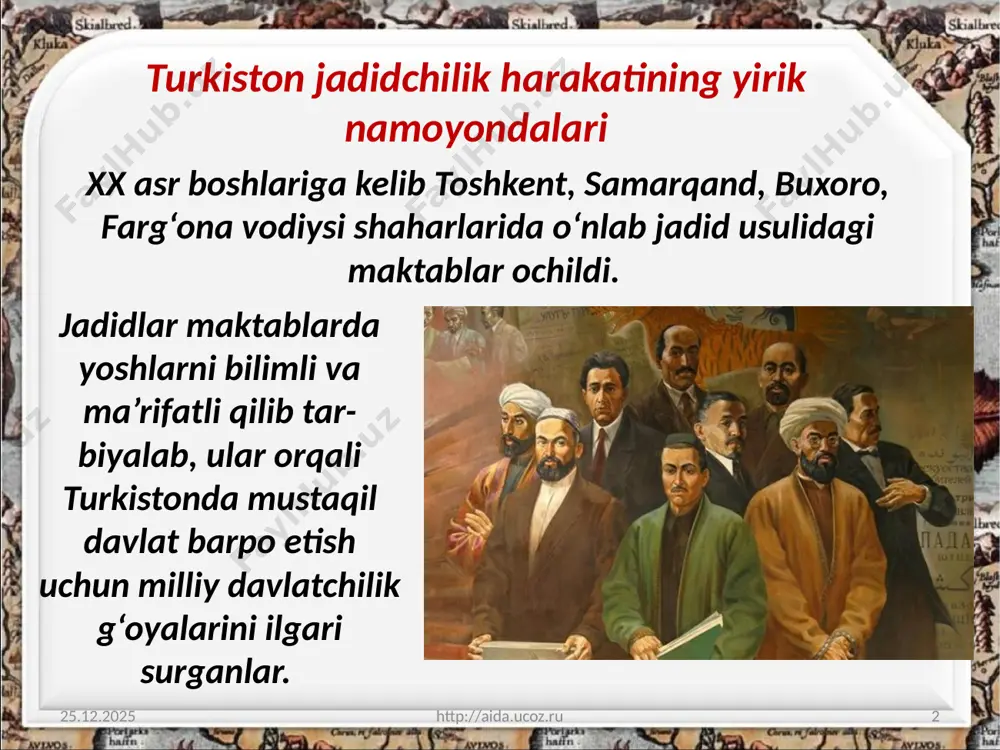 ing tashabbusi bilan o‘z otasi sharafiga «behbudiya kutubxonasi» deb atalgan kutubxona tashkil qilingan. 25.08.2020 http://aida.ucoz.ru 6 munavvarqori abdurashidxonov (1878–1931) – turkiston o‘lkasida ozodlik, millat kelajagi uchun kurashgan ma’rifatparvar siyosiy arbob, jadidchi-lik harakatining yirik namoyan dalaridan biri. 25.08.2020 http://aida.ucoz.ru 7 munavvarqori abdurashidxonov 1904-yildan boshlab o‘lkadagi ijtimoiy-siyosiy, ma’rifiy harakatlarning faol ishtirokchisi. u jadid maktablari ochilishining tashabbuskori va amaliyotchisi, milliy gazeta va jurnallar asoschisi, muharriri hamda jadid teatri targ‘ibotchisi bo‘lgan. 25.08.2020 http://aida.ucoz.ru 8 jadid teatri dastlabki paytlarda madaniy-ma’rifiy, keyinchalik siyosiy-ijtimoiy xususiyat kasb etgan islohotchilik harakati faol ishtirokchilaridan biri abdulla avloniy 1878-yil toshkent shahrida hunarmandlar oilasida tug‘ildi. 25.08.2020 http://aida.ucoz.ru 9 abdulla avloniy o‘lkada ta’lim, matbuot, teatr sohalarining rivojlanishiga katta hissa qo‘shib, 1907-yil «shuhrat» gaze-tasiga asos soldi. o‘zi tashkil qilgan yangi usul maktabi uchun «birinchi muallim», «ikkinchi muallim», «turkiy guliston yoxud axloq» kabi darsliklarni yaratdi. 25.08.2020 http://aida.ucoz.ru 10 behbudiy, munavvarqori, abdulla avloniy kabi boshqa milliy taraqqiyparvarlar ham ma’rifatparvarlik faoliyatini olib borib, yangi maktablar, xayriya jamiyatlari, …
