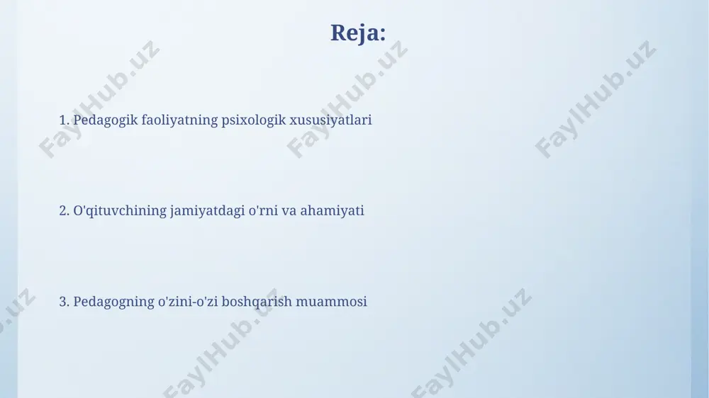fodalanadi: minimal reproduktivdan eng yuqori modellashtirilgan tizimli faoliyatgacha. bu darajalar o'qituvchining o'quvchilar bilan o'zaro ta'sirini tavsiflaydi. o'qituvchining o'z-o'zini boshqarish qobiliyati 7 ta malaka bilan belgilanadi: kommunikativ, gnostik, ijodiy, va hokazo. ushbu malakalar o'qituvchining o'quv jarayonini samarali boshqarishiga yordam beradi. pedagogik faoliyatning samaradorligi yuqori mahsuldorlikka erishgan pedagogik faoliyat o'quvchilarning shaxsiy va intellektual rivojlanishiga, ularni o'quv faoliyatining subyekti sifatida shakllanishiga olib keladi. pedagogik faoliyatning samaradorligini ta'minlashda o'qituvchining shaxsiy va kasbiy xususiyatlari, o'quvchilar bilan o'zaro munosabatlari muhim ahamiyatga ega. o'qituvchining jamiyatdagi o'rni va ahamiyati jamiyatda oʻqituvchining o'rni ta'lim tizimining samaradorligi bilan 15-25% bog'liq. ularning ijtimoiy-madaniy ta'siri o'quvchilarning shaxsiy rivojlanishiga sezilarli ta'sir ko'rsatadi. o'qituvchi jamiyatning kelajagini shakllantirishda muhim omil bo'lib, 10-20 yildan keyin jamiyat rivojiga ta'sir ko'rsatadigan shaxslarni tarbiyalaydi. o'qituvchining kasbiy tayyorgarligi o'qituvchilarning kasbiy tayyorgarligi 3 ta asosiy yo'nalish bo'yicha amalga oshiriladi: nazariy bilimlarni o'zlashtirish, amaliy ko'nikmalarni shakllantirish va shaxsiy sifatlarni rivojlantirish. o'qituvchining kasbiy tayyorgarligi jarayonida 5 ta asosiy bosqich (tanlash, tayyorgarlik, kirish, rivojlanish, …