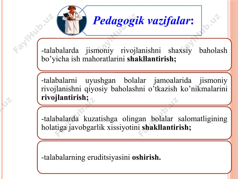 qa); 2.fiziometrik ko’rsatkichlar- mushaklar kuchi, o’pkaning tiriklik sig’imi, a/b (arterial bosim) qiymati, puls tezligi, teri osti yog’ qavatining qalinligi; 3.somatoskopik ko’rsatkichlar - skeletning holati, badan terisining holati, doimiy tishlarning soni, jinsiy rivojlanish formulasi. 1.somatometrik ko’rsatkichlar antropometrik ko'rsatkichlarni aniqlash yoki tekshirish dasturini tanlash tekshiriluvchi yosh kontingentlarga bog’lik. odatda qator antropometrik ko'rsatkichlardan asosiylari tanlab olinadi. bolaning bo’yi yog’ochli yoki temirli bo’y o’lchagichda aniqlanadi. o’lchashlarning ertalabki soatlarda o’tkazilishi kerak. o’lchash vaqtida bo’y o’lchagichning vertikal taxtasiga bola tanasining quyidagi qismlari tegib turishi kerak: kurak oraligidagi umurtqa pog’onasi, dumba sohasi, tovonlar; bosh biroz oldinga egilgan holda bo’ladi. bolaning bo’yini o’lchash vazn tibbiy tarozi yordamida aniqlanadi. bolaning yoshini hisobga olgan holda (bola nonushta qilgan bo’lishi shart- tahminan -0,3 kg) olingan qiymatlardan (ovqat uchun - 0,3 kg), kiyimlardan (yil fasllariga muvofiq -0,3-0,5 kg) va vazndan esa -0,5 kg (yozda) - 1 kg (qishda) olib tashlanadi. bolaning vaznini o’lchash kqa santimetrli tasma yordamida aniqlanadi, buning uchun tasma orqa …