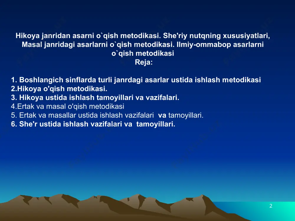 rinishi, portret tasviri, voqea-hodisalar haqidagi hikoyalar ko'prok qiziqtiradi. shuning uchun bolalarni badiiy asar turi bo'lgan hikoya bilan tanishtirish uning sujetini tushuntirishga bog'lab olib boriladi. hikoya o'qish metodikasi * ertak va masal ustida ishlash mеtodikasi ertak xalq og`zaki ijodida eng kеng tarqalgan janr bo`lib, ularda kishilar hayotida uchraydigan oddiy hodisalar va fantastik sarg`uzashtlar hikoya qilinadi. ertaklarniig ko`pida rеal hayot tasviri fantastik elеmеntlar bilan qo`shilib kеtadi. ertakning o`tkir maroqli syujеti, voqеa rivojidagi fav-qulodda, ajoshb vaziyat bolalarni maftun qiladi: undagi mard, kuchli, topqir, dovyurak, chaqqon qahramonlar, ertakning g`oyaviy yo`nalishi, unda ezgu kuchning yaxshilikning doimo g`alaba qilishi bolalarni o`ziga tortadi. masal axloqiy mazmunni kinoyaviy timsollar orqali aks ettiradigan badiiy asardir. masalda insonga xos xususiyatlar kinoyaviy timsollar — hayvonlar, jonivorlar va o`simliklar dunyosiga ko`chiriladi. masalda fikrning qisqa, .lo`nda, chiroyli va ifodali tasvirlanishi, tilining o`tkirligi va xalqchilligi o`quvchilar nutqi va tafakkurini o`stirishla muhim vosita bo`ladi. . bolalarni masaldagi kinoyaviy mazmun emas, balki, birinchi navbatda, timsollarning go`zalligi …