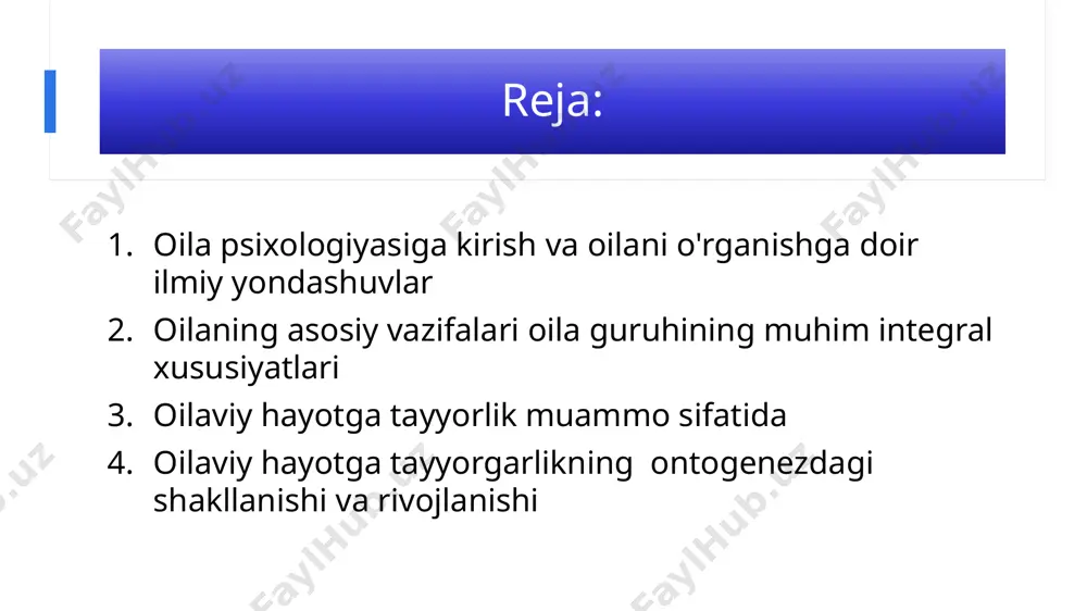 t va boshqa farqlar. oilaning asosiy vazifalari oila guruhining muhim integral xususiyatlari oila psixologiyasida “funksiya” tushunchasi quyidagi ma'nolarda ishlatiladi oilaning ijtimoiy institut sifatida va kichik guruh sifatida shaxs va jamiyatga nisbatan bajaradigan roli; oilaning jamiyat bilan munosabatlari tizimidagi xususiyatlarining tashqi ko'rinishi; ko'pincha oila a'zolarining o’z ehtiyojlarini qondirishga qaratilgan faoliyati tushuniladi. oila vazifalarini tasniflashda oila faoliyatining quyidagi sohalarini o’z ichiga oladi. tarbiya beruvchi hissiy jinsiy hordiq ijtimoiy maqom ma'naviy muloqot ijtimoiy nazorat iqtisodiy maishiy reproduktiv oilaning turlari quyidagi mezonlarga asoslanib ajratiladi nikoh shakli endogamiya-er xotinlar muayyan ijtimoiy jamoaga tegishli. bu ijtimoiy tenglik tamoyiliga asoslangan nikohdir: nikoh shakli ekzogamiya ijtimoiy tengsizlik tamoyiliga asoslangan nikoh: ma'lumotining turliligi, turli ijtimoiy –iqtisodiy maqom va boshqalar. monogamiya-bir erkak va bir ayol o'rtasidagi nikoh. bir kishi o’z hayoti davomida yoki har qanday vaqtda faqat bitta sherigi bor bo’lgan nikoh va oila shakli. oilaviy hayotga tayyorgarlik muammo sifatida oila har bir xalqning, millatning davomiyligini saqlaydigan, milliy qadriyatlarning rivojini …