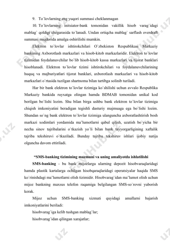 i bajarish imkoniyatlarini beriladi: hisobvarag`iga kelib tushgan mablag`lar; hisobvarag`idan qilingan xarajatlar; hisobvaraq balansi; kun davomida o`tkazilgan bank operatsiyalari haqida operativ ma’lumot olish. "sms-to`lov" tizimi o`zbekiston respublikasining "yelektron to`lovlar to`g`risida"gi qonuni ijrosini ta’minlash hamda yelektron tijoratni rivojlantirishni qo`llab-quvvatlash maqsadida 2010 yilning 24 dekabrida respublika savdo-sanoat palatasi "ssp-maroqand" unitar korxonasi bilan hamkorlikda ishlab chiqilgan. tizimni yaratish jarayoniga germaniya va yaponiya yekspertlari ham jalb qilingan. "sms-to`lov"ning ustuvorligi uning yordamida istalgan turdagi mobil aloqa, internet, shuningdek, sms vositasida naqd pulsiz to`lovlarni amalga oshirish mumkinligidadir. tizim yordamida bank plastik kartochkasidagi mablag`lardan yuqori unum bilan foydalanish imkoniyati bor. "sms-to`lov" tizimi orqali turli tovar va xizmatlar uchun on-line to`lovlarni amalga oshirish mumkin. buning uchun fuqaro o`ziga xizmat ko`rsatuvchi tijorat bankiga pasport va mobil telefoni bilan tashrif buyurishi hamda "sms-to`lov" tizimida ro`yxatdan o`tishi lozim bo`ladi. bank xodimi bir necha daqiqa ichida mijoz va uning mobil telefon raqamini tizimda ro`yxatdan o`tkazib, mobil telefoniga maxsus yelektron raqamli imzo kaliti bilan …
