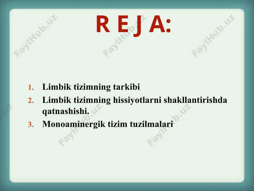 oqlarni, shuningdek, bosh miya po`stlog`ining bu tizimni boshqarib turuvchi qismini innervatsiyalaydi. difaminergik neyronlar tanalari o`rta miyaning ventral bo`limida joylashgan. qora substantsiyadagi neyronlar po`stloq osti yadrosi-po`choq, dumli yadrolarni va ularga yondosh yadrolarni innervatsiyalaydi. o`rtaroqdagi neyronlar esa, asosan limbik tizim tuzilishini, bodomsimon tana, to`siq va hid sezuvchi do`mboqlarni, shuningdek, bosh miya po`stlog`ining bu tizimni boshqarib turuvchi qismini innervatsiyalaydi. dofaminergik neyronlarning ko`pchilik nuksonlari noradrenergik neyronlar o`simtalari bilan oldingi miyaning medial tutamidan o`tadi. dofaminergik neyronlar gipotalamus ham topilgan bo`lib, rilizing-omillarni ajralishini ta`minlashda ishtirok etishi mumkin. umuman miyadagi dofaminergik tuzilmalarning ta`siri noradrenergik tuzilmalar ta`sirini tuzilish doirasidan kichikroq. serotoninergik neyronlarning somalari uzunchoq miyani o`rta aloqada bo`ladi, bu-ular bajaradigan funktsiyalarning takomillashishini ta`minlaydi e`tiboringiz uchun raxmat image4.jpeg image5.jpeg image6.jpeg image7.jpeg image8.jpeg image9.jpeg image10.jpeg image11.jpeg image12.jpeg image13.jpeg image14.jpeg image15.jpeg image16.jpeg image17.jpeg image18.jpeg image3.jpeg
