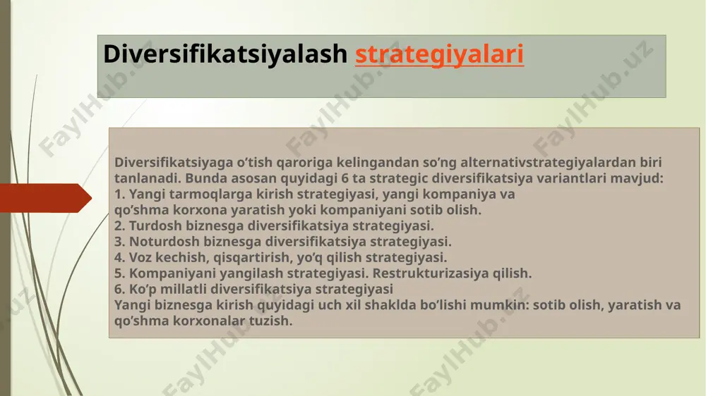 o’lmasa. quyidagi uch vaziyatda qo’shma korxona tuzish orqali yangi biznesga kirish qulay vosita hisoblanadi: 1. qo’shma korxona bitta kompaniya uchun samarasiz va tavakkalchilik darajasi yuqori bo’lganda yaxshi natija beradi. 2. bir-necha korxonalarning tajriba va resurslarining birlashtirilishi kuchli raqobatbardosh kompaniyani vujudga keltirishi mumkin. 3. qo’shma korxona ko’p hollarda xorijiy kvota va soliqlarni, milliy, siyosiy manfaatlarni yengishning yagona yo’lidir. mahalliy korxonalar o’zi kirmoqchi bo’lgan biznes bo’yicha xorijiy mamlakat korxonasi bilan qo’shma korxona tuzadilar. mahalliy kompaniyalar mahalliy sharoitni va bozorlarni yaxshi biladilar, bu sharoitda mehnat xarajatlari pastroq bo’ladi. lekin qo’shma korxonalarning faoliyat taqsimotida, faoliyatni samarali boshqarish muammolarida kelishmovchiliklar paydo bo’lishi mumkin. quyidagi noaniqliklar ham nizolarga sabab bo’ladi, jumladan: mahalliy xom-ashyodan foydalanish kerakmi yoki uni xorijdan keltirish kerakmi, mahsulotning qaysi qismini eksport qilish kerak, texnologik jarayonlar mahalliy yoki xorijiy standartlarga mos kelish darajasi qanday, moliyaviy mablag’lar qanday nazorat qilinadi va boshqalar. diversifikatsiyalash variantlarini izlash jarayonida kompaniya turdosh tarmoqlarni tanlashi mumkin. bunday paytda tarmoqqa diversifikatsiyalash …