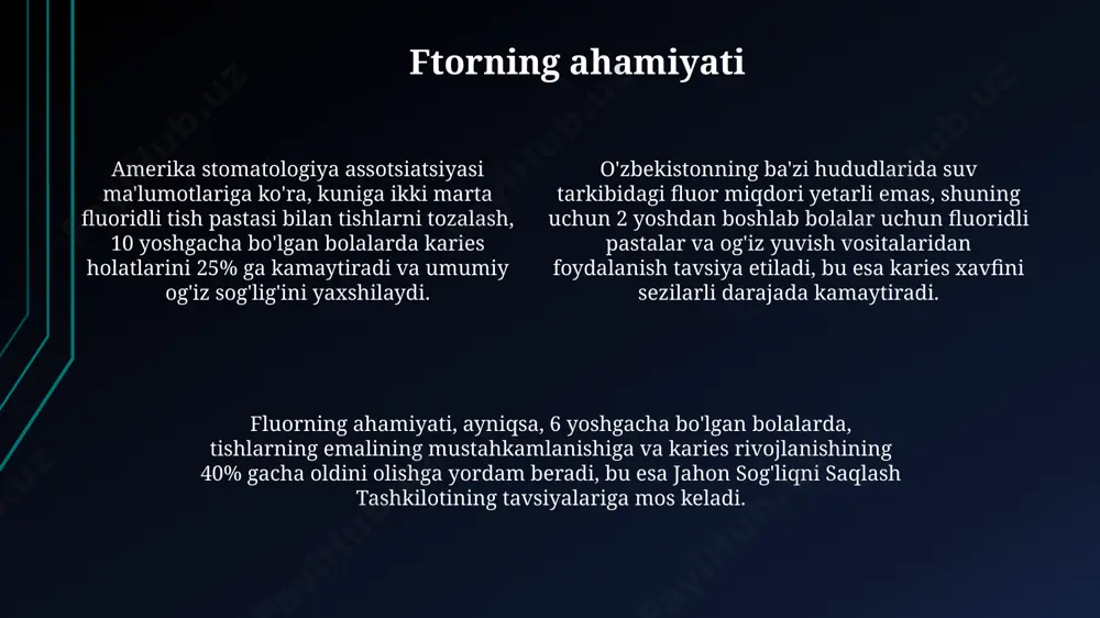 riga fluoridli lak surtish karies rivojlanishini 40% gacha kamaytirishi mumkin, bu esa bolalarning og'iz bo'shlig'i salomatligi uchun samarali usul hisoblanadi. tishlarini parvarishlash vositalari tish pastalarining tarkibida 0,1% dan 1,5% gacha ftorid miqdori bo'lishi, kariyesning oldini olishda muhim ahamiyatga ega, chunki bu jahon sog'liqni saqlash tashkiloti (jsst) tavsiyalariga mos keladi. elektr tish cho'tkasi qo'llanilganda, 20 soniyadan kam bo'lmagan vaqt davomida har bir tishga alohida e'tibor berish kerak. bu usul bilan 2 ming dan ortiq yumshoq tebranish orqali samaradorlikni oshirish mumkin. tish iplaridan kuniga kamida bir marta, ayniqsa, tish orasidagi bo'shliqlarni tozalash uchun foydalanish, o'zbekiston stomatologlari kengashlari tomonidan tavsiya etiladi, bu esa 30% gacha kariyes xavfini kamaytirishi mumkin. toʻgʻri ovqatlanish sogʻlom tishlar uchun kuniga kamida 5 marta meva va sabzavot isteʼmol qilish tavsiya etiladi, chunki ular tarkibidagi vitaminlar va minerallar, masalan, a vitamini va kaltsiy, tishlarni mustahkamlashga yordam beradi. shirin gazlangan ichimliklar, masalan, coca-cola kabi ichimliklarning isteʼmolini kuniga 2 dan kamroqqa kamaytirish, …