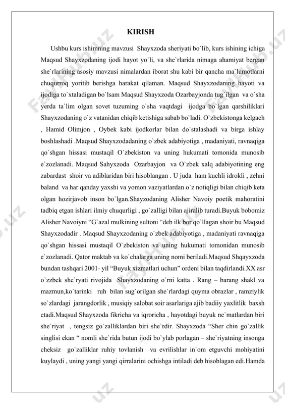 r maktab va ko`chalarga uning nomi beriladi.maqsud shqayxzoda bundan tashqari 2001- yil “buyuk xizmatlari uchun” ordeni bilan taqdirlandi.xx asr o`zzbek she`ryati rivojida shayxzodaning o`rni katta . rang – barang shakl va mazmun,ko`tarinki ruh bilan sug`orilgan she`rlardagi quyma obrazlar , ramziylik so`zlardagi jarangdorlik , musiqiy salobat soir asarlariga ajib badiiy yaxlitlik baxsh etadi.maqsud shayxzoda fikricha va iqroricha , hayotdagi buyuk ne`matlardan biri she`riyat , tengsiz go`zalliklardan biri she`rdir. shayxzoda “sher chin go`zallik singlisi ekan “ nomli she`rida butun ijodi bo`ylab porlagan – she`riyatning insonga cheksiz go`zalliklar ruhiy tovlanish va evrilishlar in`om etguvchi mohiyatini kuylaydi , uning yangi yangi qirralarini ochishga intiladi deb hisoblagan edi.hamda shayxzoda she`riyat bilan birga o`zbek adabiyotini “jaloliddin manguberdi “ ,”mirzo ulug`bek” nomli tarixiy drammalari bilan boyitadi. shayxzoda adabiy bilim doirasining kengayishi , ijodining mumtoz jaxon yozuvchilari badiiy tajribasi bilan boyishida muhim ro`l o`ynagan. u sh . rustavelining “yo`lbars terisini yopingan qahramon “ eposi , u. shekspirning sonetlari, …