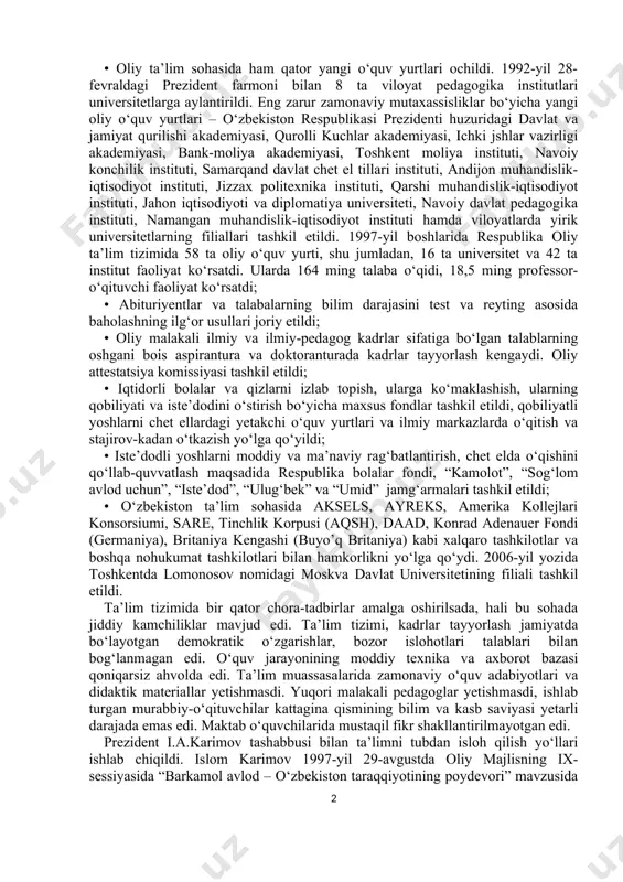 o, qishloq joylarida mehnat bozorini shakllantirish-ning hududiy xususiyatlarini hisobga olgan holda hunar-texnika ta’limini qayta tashkil etish ishlari amalga oshirildi. bu tizimda jami 221 ming kishini ta’lim bilan qamrab olgan 442 o‘quv maskani, shu jumladan, 209 ta kasb-hunar maktabi, 180 ta litsey va 53 ta biznes maktablari ishladi; • toshkent, samarqand, urganch, to‘rtko‘1, andijon bank kollejlari, toshkent ayollar kolleji tashkil etildi. respublikada 1996–1997-o‘quv yilida 258 ta o‘rta kasb-hunar ta’lim o‘quv yurti ishladi. ularda qariyb 16 ming o‘qituvchi va muhandis-pedagog xodimlar 197 ming o‘quvchiga kasb-hunar o‘rgatish bilan shug‘ullandi; • oliy ta’lim sohasida ham qator yangi o‘quv yurtlari ochildi. 1992-yil 28-fevraldagi prezident farmoni bilan 8 ta viloyat pedagogika institutlari universitetlarga aylantirildi. eng zarur zamonaviy mutaxassisliklar bo‘yicha yangi oliy o‘quv yurtlari – o‘zbekiston respublikasi prezidenti huzuridagi davlat va jamiyat qurilishi akademiyasi, qurolli kuchlar akademiyasi, ichki jshlar vazirligi akademiyasi, bank-moliya akademiyasi, toshkent moliya instituti, navoiy konchilik instituti, samarqand davlat chet el tillari instituti, andijon muhandislik-iqtisodiyot …