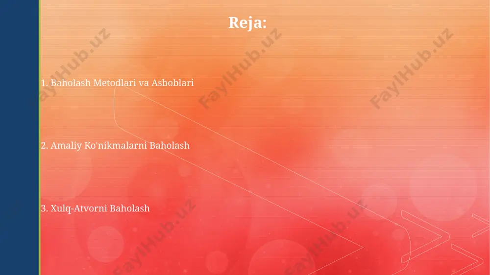 ri amaliy ko'nikmalarni baholashda 5 ball shkalasi yoki 1 dan 7 gacha bo'lgan reyting tizimidan foydalanish ob'ektiv baholashni ta'minlaydi, bu yerda har bir ball ma'lum mezonlarga mos keladi. ro'yxatdan o'tish vaqtida talabalar bajargan 3 ta topshiriq bo'yicha baho berish amaliy ko'nikmalarini o'lchashning samarali usuli hisoblanadi. har bir topshiriq uchun ballar yig'indisi hisoblanadi. ob'ektivlik va ishonchlilikni ta'minlash ishlatilayotgan baholash vositalarining ishonchliligini tekshirish uchun test-retest usuli yoki parallel shakllarni qo‘llash orqali 0.8 dan yuqori ishonchlilik koeffitsiyentini ta'minlash zarur. baholash mezonlari aniq va tushunarli bo'lishi, shuningdek, har bir ko'rsatkich uchun ballar miqdori aniq belgilab qo'yilishi kerak, bu subyektivlikni kamaytirishga yordam beradi. e'tiboringiz uchun rahmat @taqdimot_robot image4.jpg image5.jpg image6.jpg image7.jpg image8.jpg image9.jpg image10.jpg image2.png image3.png