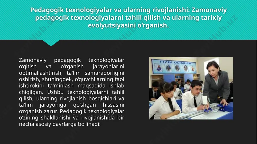 an e'tiborini oshiradi. shuningdek, interaktiv ta'lim o‘quvchilarga turli masalalarni real vaqt rejimida muhokama qilish imkonini beradi, bu esa ularning kreativlik va kommunikatsiya ko‘nikmalarini yaxshilashga yordam beradi. pedagogik texnologiyalarning samaradorligini baholash: texnologiyalarning o‘qitish va o‘rganish jarayonidagi samaradorligini o‘lchash va tahlil qilish. pedagogik texnologiyalarning samaradorligini baholash, ta'lim jarayonining yuqori sifatini ta'minlash uchun juda muhimdir. zamonaviy pedagogik texnologiyalar o‘qituvchilarga va o‘quvchilarga yangi imkoniyatlar yaratish orqali ta'lim jarayonini yangilashda katta rol o‘ynaydi. biroq, bu texnologiyalarning samaradorligini aniqlash va baholash uchun aniq mezonlar va usullarni ishlab chiqish zarur. samaradorlikni baholashning birinchi bosqichi – bu o‘qitishning maqsadlariga erishish darajasini tahlil qilish. pedagogik texnologiyalar o‘qitish jarayonida qo‘llanilganda, ularning asosiy maqsadi – o‘quvchilarning bilimini oshirish va o‘quv jarayonini samarali va qiziqarli qilishdir. o‘quvchilarning muvaffaqiyatlari, bilish darajasi va o‘rganishdagi yutuqlarini o‘lchash bu texnologiyalarning samaradorligini baholashda asosiy ko‘rsatkichlardir. keyingi baholash usuli – o‘quvchilar va o‘qituvchilar tomonidan texnologiyalardan foydalanishning qulayligi va samaradorligini o‘rganish. bu texnologiyalar o‘qituvchilarga darslarni rejalashtirish, boshqarish va interaktiv …