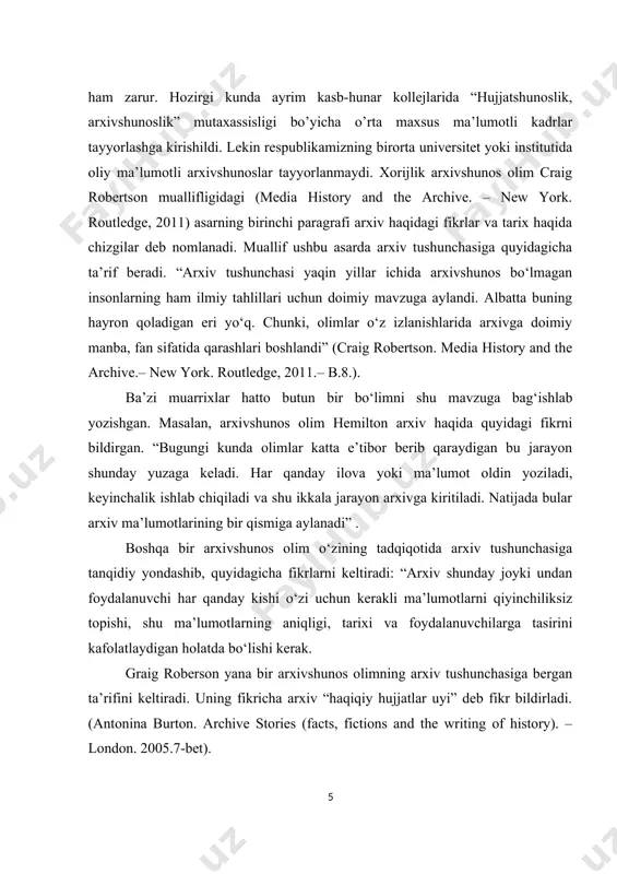 lyonkalari, chizmalar, sxemalar, xaritalar, shuningdek, boshqa moddiy ashyolardagi yozuvlar – arxiv hujjatlari deyiladi. 1.2 arxivlarning xonliklar doirasida vujudga kelishi va o’sha davrdagi ahvoli bugungi kunda ko’pgina tarixchilar va arxivshunoslar orasida rossiya istilosiga qadar “o’rta osiyo davlatlarida hech qanday arxiv bo’lmagan” degan nuqtai nazar yashab keladi. taniqli sharqshunos olim a. a. semyonov 1922 yilda quyidagilarni yozgan edi: “musulmon sharqida, umuman turkistonda biz tushunadigan ma’nodagi arxivlarni tasavvur qilolmaydiar, negaki idoraviy ishlar nihoyatda boshqacha tarzda olib borilgan”. a. v. chernov esa o’zining “sssrda arxiv ishi va uni tashkillashtirish tarixi” nomli o’quv qo’llanmasida to’ppadan-to’g’ri 1917 yilga qadar “o’rta osiyo davlatlarida hyech qanday arxiv bo’lmagan” deb yozadi. arxivlarda saqlangan hujjatlar zamonlar o’tishi bilan o’z ahamiyatini yo’qotmadi. agar dastlab arxiv hujjatlar bevosita xo’jalik va ijtimoiy hayotni yo’lga solish uchun xizmat vilgan bo’lsa, keyinchalik ular tarixiy jarayonni o’rganish uchun yozma manbalar sifatida muhim ahamiyat kasb etdi. afsuski, biz o’rta osiyodagi eng qadimgi arxivlar haqida yetarli ma’lumotga ega …