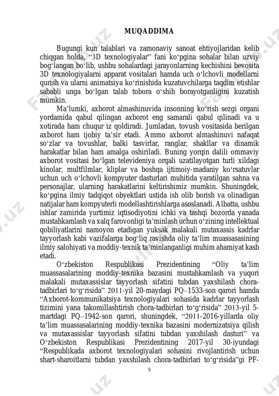 avvalom bor ushbu sohani vizualligi va ixtiyoriy vaqtda o‘zgartirishlar kiritish imkoniyati diqqatga sazovordir. kompyuter grafikasining rivojlanish tarixi коmpyuter grafikasi (mashinali grafika) — kompyuter tasvirlarni sintez qilish(yaratish) vositasi sifatida foydalanish sohasidir, xuddi real hayotdan olingan vizual axborotni qayta ishlash. kompyuter grafikasi ma'lumotlarni kompyuterda grafik holda tasvirlashning eng qulay vositasidir.bundan tashqari kompyuter grafikasini faoliyat natijasi deb ham atashadi. kompyuter grafikasini har xil – matematik, algoritmik, dasturiy, texnik vositalar majmuasi tashkil etadi. boshqacha aytganda, bu puxta ilmiy shu jumladan matematik bazaga ega fanlar kompleksidir. gap shundaki, tasvir monitor ekranida paydo bo‘lishidan avval bir qator almashtirishlardan o‘tadi va har bir bosqichda o‘zining usul va algoritmlari qo‘llaniladi. ayrim bosqichlar obyektning geometrik xarakteristikalari bilan ishlaydi. bu xarakteristikalar nafaqat obyektning shakli va harakatini ifodalashda, balki uning yoritilganlik jarayonini modellashtirishda ham hisobga olinadi. obyekt geometriyasi bilan ishlash uchun geometrik modellashtirish apparatidan foydalaniladi, va o‘lchamlari bilan berilgan geometrik obyektni matematik modellashtirishdir. geometrik obyektlarni https://lex.uz/docs/-3249651 https://lex.uz/docs/-3564970 7 tasvirlashda uning shaklidan …