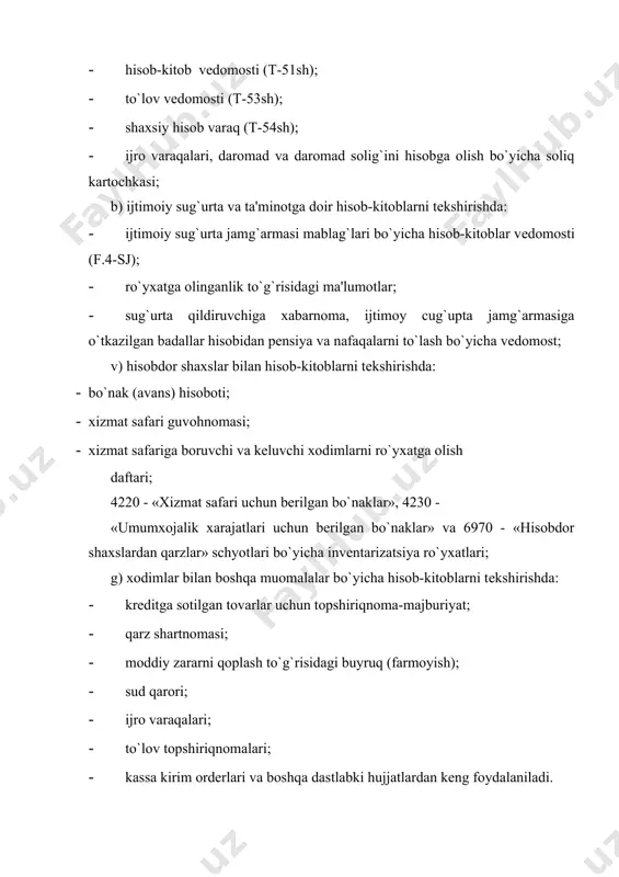 fuqarolik kodеksi. 1996 - yil 29 - avgustda tasdiqlangan (2002 - yil 30 - avgust holatiga ko`ra o`zgartirishlar bilan) 2. o`zbеkiston rеspublikasi soliq kodеksi. 2008 yil. 3. o`zbеkiston rеspublikasi «buxgalteriya hisobi to`g`risida»gi qonun. -t., 1996. 4. o`zbеkiston rеspublikasi «auditorlik faoliyati to`g`risida»gi qonun. -t., 2000. 5. o`zbеkiston rеspublikasi vazirlar mahkamasining 1999 -yil 5 -fеvraldagi 54son qarori «mahsulot (ish, xizmat) larni ishlab chiqarish va sotish bo`yicha xarajatlar tarkibi hamda moliyaviy natijalarni shakllanitirish haqidagi nizom» 6. o`zbеkiston rеspublikasida naqd pulsiz hisob-kitoblarni amalga oshirish to`g`risida nizom. -t.,2002. 7. o`zbеkiston rеspublikasi hududida banklar tomonidan xojalik yurituvchi subyеktlarni qisqa muddatli krеditlashni tashkil etish tartibi to`g`risida nizom. o`zbеkiston rеspublikasi adliya vazirligi tomonidan 1999 -yil 16 -martda 675son bilan ro`yxatga olingan jadval (davomi) 8. o`zbеkiston rеspublikasi hududida banklar tomonidan xojalik yurituvchi subyеktlarni o`rta va uzoq muddatli krеditlashni tashkil etish tartibi to`g`risida nizom. o`zbеkiston rеspublikasi adliya vazirligi tomonidan 2000 -yil 8 fеvralda 892-son bilan ro`yxatga olingan 9. tijorat banklari …