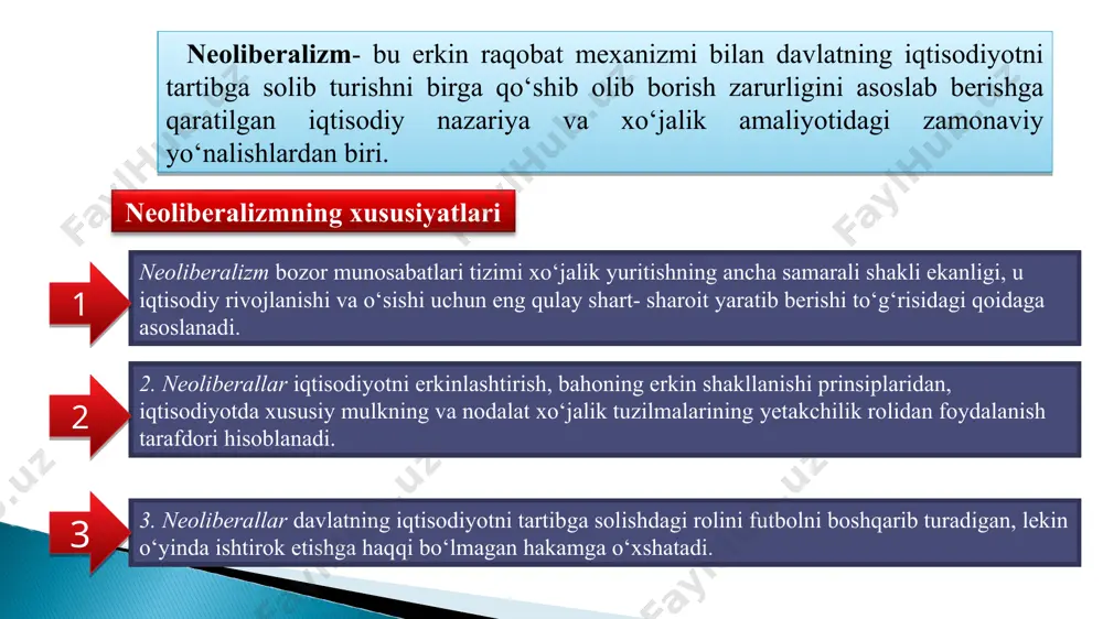 , uni iqtisodiy faoliyat o‘zi keltirib chiqarmaydi. uni davlat o‘rnatadi. iqtisodiy siyosat prinsiplarini asoslab bergach, v.oyken davlat amal qilish qoidalarini o‘rnatishi va ularni hayotga tatbiq etishi, xo‘jalik –ishlab chiqarish faoliyati bilan esa shug‘ullanmasligi kerak,deb ko‘rsatib o‘tadi. davlat to‘g‘ridan–to‘g‘ri tartiblash yo‘li bilan hal qilib bo‘lmaydigan vazifalarni, iqtisodiyotga doimo aralashuvni o‘z zimmasiga olmasligi kerak. lyudvig erxard (1897-1977) asosiy asari “barcha uchun farovonlik” ijtimoiy adolat va erkin raqobat prinsiplari mujassamlashgan “ijtimoiy yo‘naltirilgan bozor xo‘jaligi”ga asos solgan iqtisodchilardan biri l. erxard (1897-1977y.) hisoblanadi. l. erxardning iqtisodiy islohotlari quyidagicha tavsiflanad: germaniya iqtisodiyoti “jiddiy tuzilmaviy qayta qurishga muhtoj” deb ko‘rsatib beradi va real vaziyatdan kelib chiqqan holda to‘g‘ri ish yuritish zarurligini ta’kidlaydi. bozor iqtisodiyotidan rejali iqtisodiyotga o‘tish asosiy muammo hisoblanmaydi, chunki “balanslashuvga moyil iqtisodiyotdan qaytish oson”, ammo “rejali iqtisodiyotni erkin bozor iqtisodiyotiga aylantirish juda katta qiyinchiliklar bilan bog‘liq”, chunki tabiiy muvozanatdan chetga chiqqan iqtisodiyotga birdan, o‘tish davrisiz, erkin bozor imkoniyatlarini yaratib berish qiyin, - deb ko‘rsatadi. …