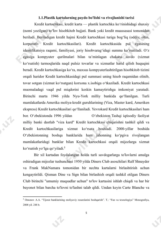 ng shaxsiy kartalarini, zamonaviy do'konlar kartalariga muomaladan chiqargan holda, bir qadam oldinga qadam qo'ydilar. bunday kartalar faqat chiqaruvchi sotuvchida qabul qilinadi va mijozlarga sodiqlikni oshirish va xizmatni yaxshilash uchun qulaylik aks etadi. bank tomonidan chiqarilgan zaryad kartalari 1946 yilda bruklindagi big biggins ismli bankir charg-it kartasini ishga tushirganida paydo bo'lgan. [footnoteref:3]charg-it xaridlari vositachiga biggins bankiga yuborilgan, u savdogarga pul to'lagan va mijozdan "yopiq" holda xarid qilgan. xaridlarni faqat mahalliy joylarda amalga oshirish mumkin va faqat bank mijozlari charg-it kartasini olishlari mumkin. besh yil o'tgach, nyu-yorkning franklin milliy banki kredit mijozlariga birinchi zaryad kartasini taqdim etdi. 1950 yilda debyut qilgan diners club card bir yil oldin nyu-yorkning maykl-grill-da kechki ovqat dasturida qatnashganda, frank maknamara ismli mijoz o'z hamyonini unutgan paytda fikr tug’ilgan. bir necha oy o'tgach, mcnamara va uning hamkori ralf shnayder restoranga kichkina karton karta va diners club card-ni taklif qilishdi. asosan sayohat va ko'ngil ochish uchun foydalaniladigan diners club …