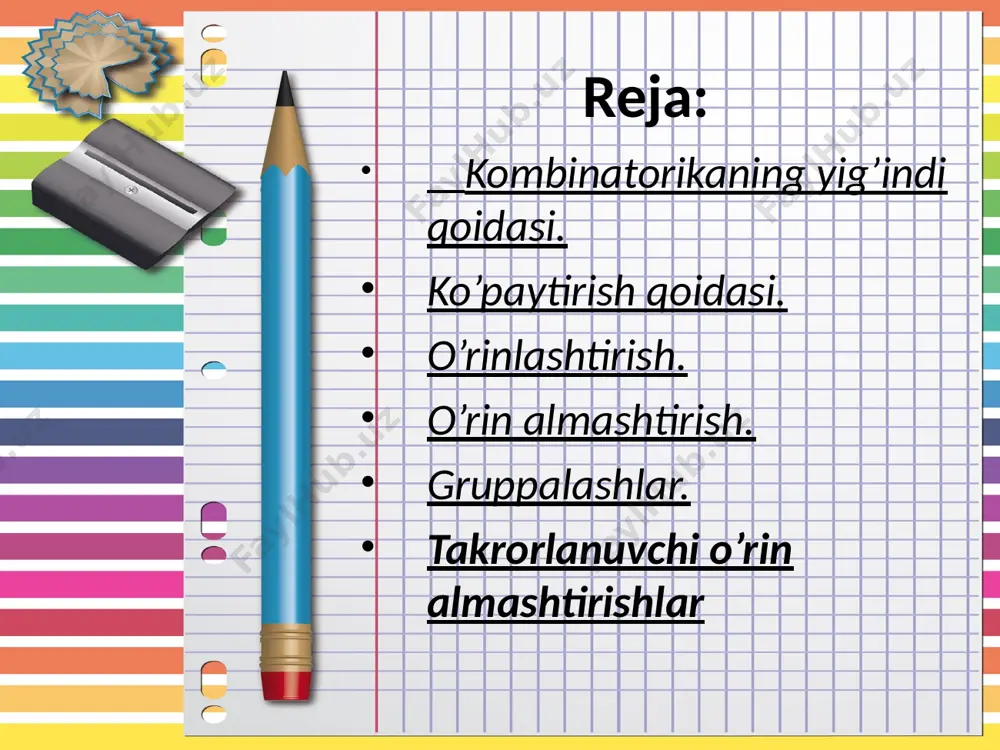 borat bo’lib,bu juftliklar soni nechta degan savolga ko’paytirish qoidasi javob beradi.bu juftliklarni tuzaylik. x = {x1, x2 …xn} va y = {y1, y2,…ym} xy (x1; y1) (x1; y2) …(x1; ym) (x2 ;y1) (x2 ;y2)…(x2; ym) ………………………… (xn; y1) (xn; y2)…(xn; ym) bu yerda har bir satrda m ta juftlik bor bo’lib,har bir ustunda n ta juftlik bor bo’lib,hammasi bo’lib bu yerdagi juftliklar soni m*n juftlik bor. r (x y) = r (x) · r (y) bu qoida n ta to’plam uchun ham to’g’ri. r (x1  x2 … xn) = r (x1) · r (x2) …· r (xn) x va y chekli to’plamlar dekart ko’paytmasining elementlari soni x to’plam bilan y to’plamdagi elementlari sonlarining ko’paytmasiga teng. x va y to’plamlar dekart ko’paytmasi (x,y) ko’rinishidagi juftliklardan iborat bo’lib,bu juftliklar soni nechta degan savolga ko’paytirish qoidasi javob beradi.bu juftliklarni tuzaylik. x = {x1, x2 …xn} va y = {y1, y2,…ym} xy (x1; …