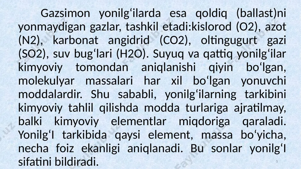un va zararli chiqindilarni ko‘paytiradi. 16 yonilg‘ining bug‘lanuvchanligiga bo‘lgan talab dvigatel yonish kamerasining tuzilishi, ya’ni aralashma hosil bo‘lish usuliga ham bog‘liq. ikki kamerali dizellarga bir kameralarga nisbatan bug‘lanuvchanligi pastroq yonilg‘ilarni ham ishlatish mumkin. neftdan rektifikatsion minoraning yuqorisidan pastga qarab olinadigan yonilg‘i va moylar qaynash haroratlari ortib boradi demak, bug‘lanuvchanligi yomonlashib (qiyinlashib) boradi. dvigatelni yurgizish paytida, ayniqsa sovuq sharoitda yengilroq, bug‘lanuvchanroq yonilg‘ilar kerak bo‘ladi. sababi kirayotgan havo isimagan dvigatel detallari sovuq bo‘lganligi uchun bug‘lanish uchun sharoit yaxshi bo‘lmaydi. bug‘lanuvchanlik ikki xil bo‘ladi: statik va dinamik: 31 - bochka va idishlarda turgan yonilg‘i bug‘lanishini-”statik”. - yonilg‘i ham, havo ham harakatda bo‘lib, yuqori haroratlardagi bug‘lanish- “dinamik” bug‘lanishdir. yonilg‘ilarning fraksion tarkibiga qarab uning bug‘lanuvchanligini bilish mumkin. qaynash haroratining pasayishi bilan yonilg‘ining bug‘lanuvchanligi yaxshilanadi to’yingan bug‘ning elastikligi ortadi 17 yonilg‘ilarning bug‘lanuvchanligi. yonilg‘ilarning fraksion tarkibi (avtomobil benzinlarining) bug‘lanuvchanlikni ifodalovchi asosiy ko‘rskatkich hisoblanadi. barcha neft mahsulotlaridan olingan yonilg‘ilar keng diapozonda qaynaydigan uglevodorodlarning murakkab birikmalari hisoblanadi. fraksiya yonilg‘ilarning …