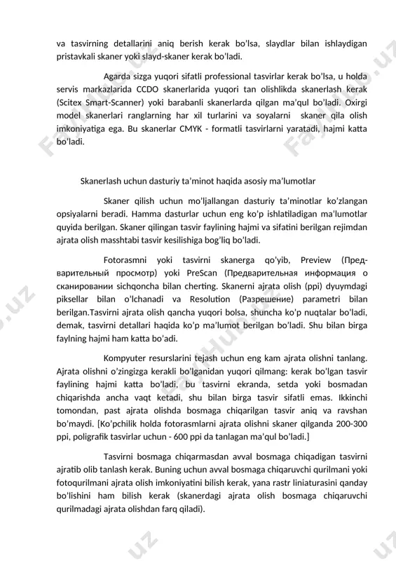 maga chiqarish mumkin. photoshop dasturidan foydalanib yoki boshqa maxsus dasturlar yordamida skaner qilish mumkin va olingan natijani photoshop dasturi qabul qiladigan formatda xotiraga yozish mumkin. skaner yordamida sifatli tasvirni olish uchun dastlab skaner qilinadigan tasvirni yaxshilab tekshirib, tanlab oling. ba’zi bir skanerlar tasvirning ottenoklarini kamaytiradi, natijada tasvir kontrastligi ortadi, shu sabablarga bog’liq tanlangan fotorasmning ranglar balansi yaxshi bo‘lishi kerak. agarda tasvirni o’zingiz skaner qilmoqchi bo’lsangiz skanerlash parametrlarini tanlashda adashmang. skaner qilingan tasvir sifati skaner turiga ham bog’liq bo’ladi. agarda siz tasvirni photoshop dasturi yordamida o’zgartirmoqchi bo’lsangiz (masalan, filtrlarni qo’llash yoki kist yordamida ko’zlangan sondagi shtrixlarni solish), u holda qimmat bo’lmagan rgb-tasvir qiladigan planshet skaner qilinadi. agarda ranglarni va tasvirning detallarini aniq berish kerak bo’lsa, slaydlar bilan ishlaydigan pristavkali skaner yoki slayd-skaner kerak bo’ladi. agarda sizga yuqori sifatli professional tasvirlar kerak bo’lsa, u holda servis markazlarida ccdo skanerlarida yuqori tan olishlikda skanerlash kerak (scitex smart-scanner) yoki barabanli skanerlarda qilgan ma’qul bo’ladi. …