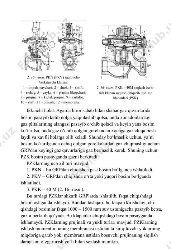 ametri dshθ50 mm bo‘lsa, turli suzgichlar (2. 19- rasm) ishlatiladi. bu suzgichlarda gaz yo‘nalishini o‘zgartirib, filtrlovchi elementning tur bilan qoplangan teshiklaridan o‘tishda mexanik zarrachalardan tozalanadi. sochli suzgich (2. 20- rasm). bu suzgichlar gaz quvuri diametri 50 mm dan katta bo‘lgan grp va grularda ishlatiladi. bunda filtrlovchi 2. 19- rasm. turli suzgich (fs) 2. 20- rasm. sochli suzgich (fg) kasseta ikki tarafdan mayda metall setkali turli ramkadan iborat va bu ramkalar oralig‘i ot qili bilan to‘ldiriladi. gazdagi yirik zarrachalar kassetaning metall setkasida ushlanadi, mayda zarrachalar kasseta ichidagi ot qilida tozalanadi. filtrning ichi toza yoki iflosligini uning kirishdagi va chiqishdagi bosimlar farqidan aniqlash mumkin. filtr ifloslangan bo‘lsa, bosim farqi oshib boradi. shuning uchun grpdan chiqishdagi bosim past bosim bo‘lsa, filtrda yo‘qoladigan bosim 500 mm suv. ust. dan oshmasligi kerak. agarda grpdan chiqishdagi bosim o‘rta bosim bo‘lsa, ruxsat etilgan bosim yo‘qolishi 1000 mm suv. ustunidan oshmasligi kerak. agar bosimlar farqi oshib ketsa, kasseta …