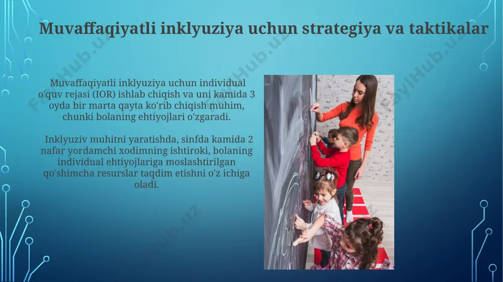 arni moliyalashtirishga yo'naltiriladi. maktabdagi qo'llab-quvvatlash xizmatlari maktabdagi qo'llab-quvvatlash xizmatlari individual ehtiyojlari bo'lgan 5-10% o'quvchilarga, shu jumladan, o'qish, yozish va hisoblashda qiyinchiliklarga duch kelganlarga individual yordam va maxsus ta'lim dasturlarini taqdim etadi. maktabdagi qo'llab-quvvatlash xizmatlarining samaradorligi yiliga 2-3 marta o'tkaziladigan baholash jarayonlari orqali, o'quvchining akademik ko'rsatkichlari va ijtimoiy moslashuvchanligini kuzatish orqali aniqlanadi. e'tiboringiz uchun rahmat @taqdimot_robot image3.jpg image4.jpg image5.jpg image6.jpg image7.jpg image8.jpg image9.jpg image10.jpg image11.jpg image2.png